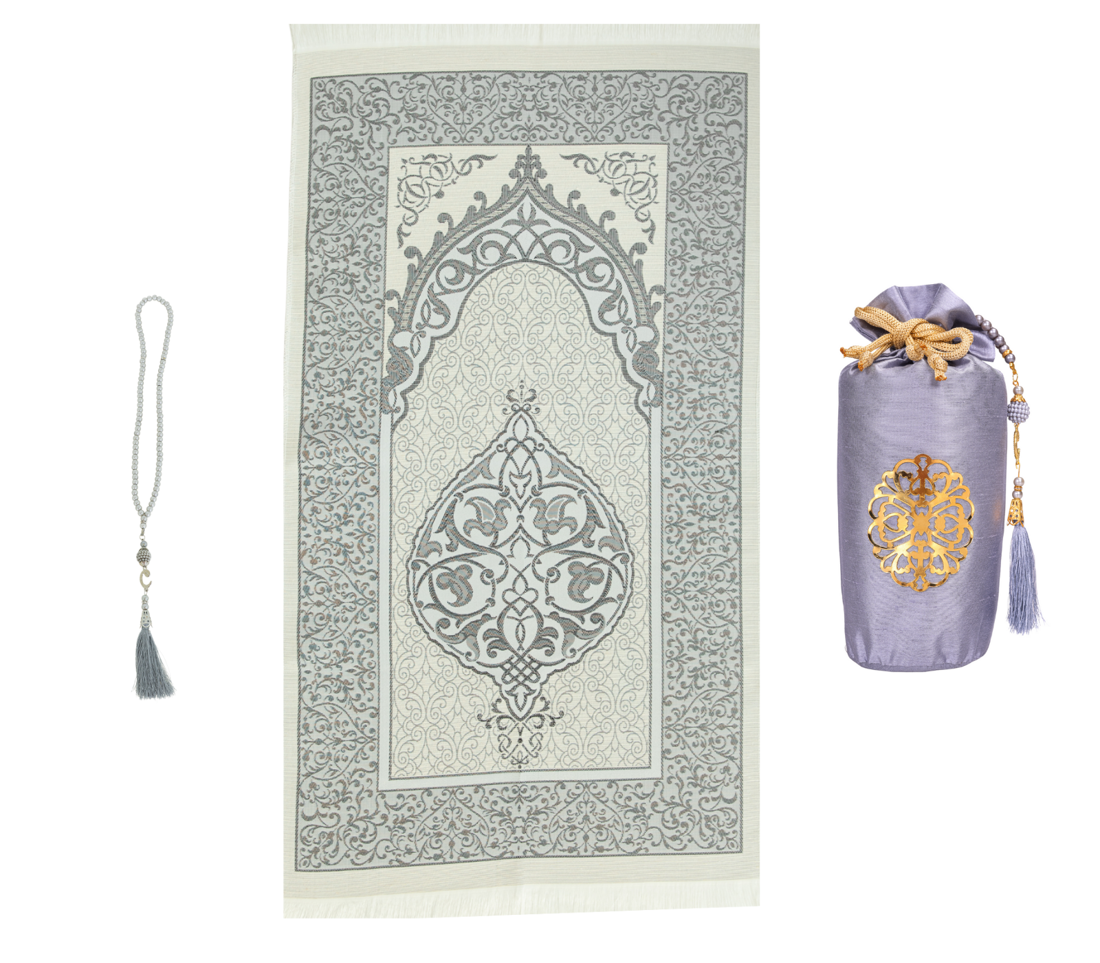 Prayer Rug with Bag, Pearl Design Prayer Beads - Grey