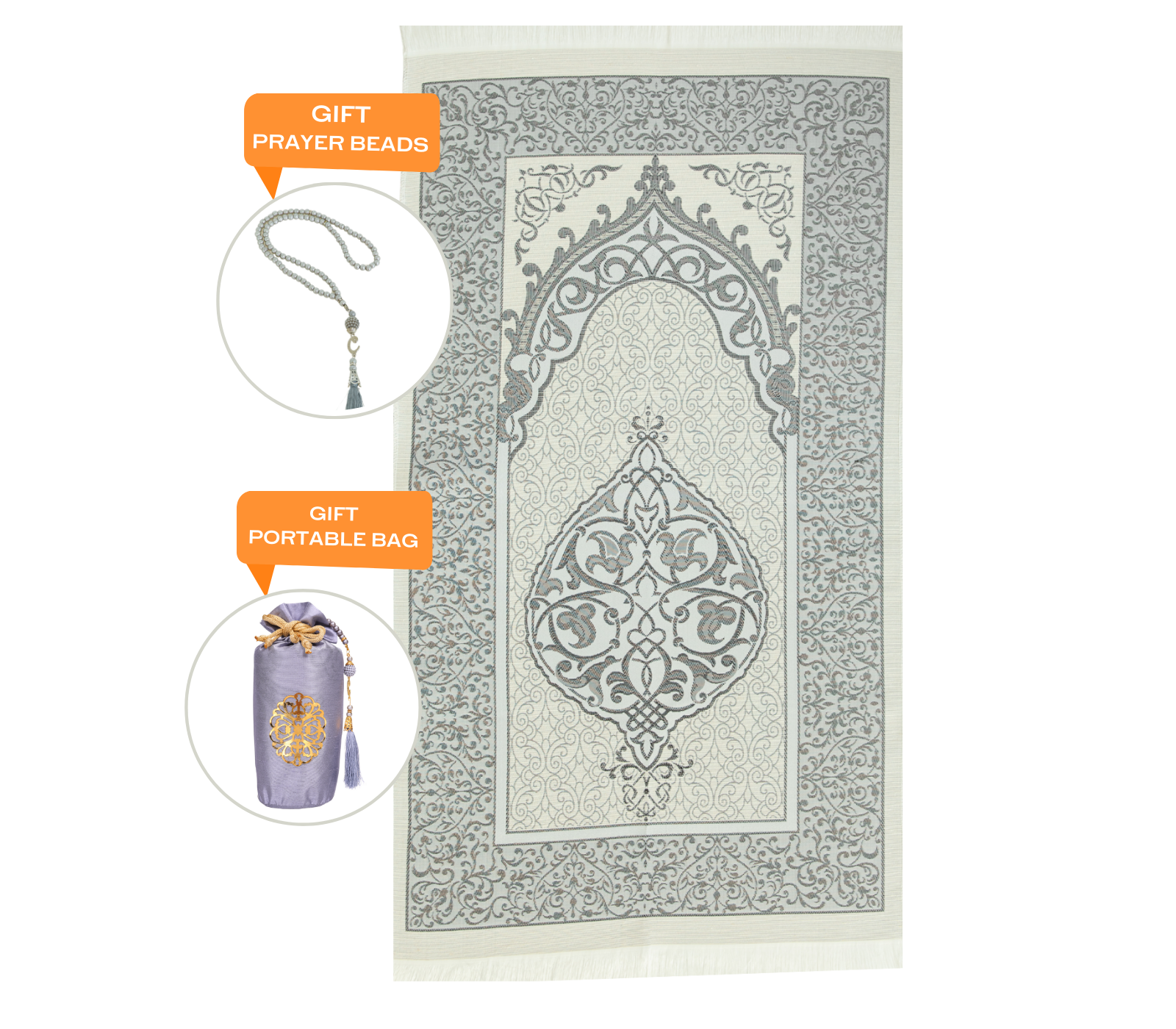 Prayer Rug with Bag, Pearl Design Prayer Beads - Grey
