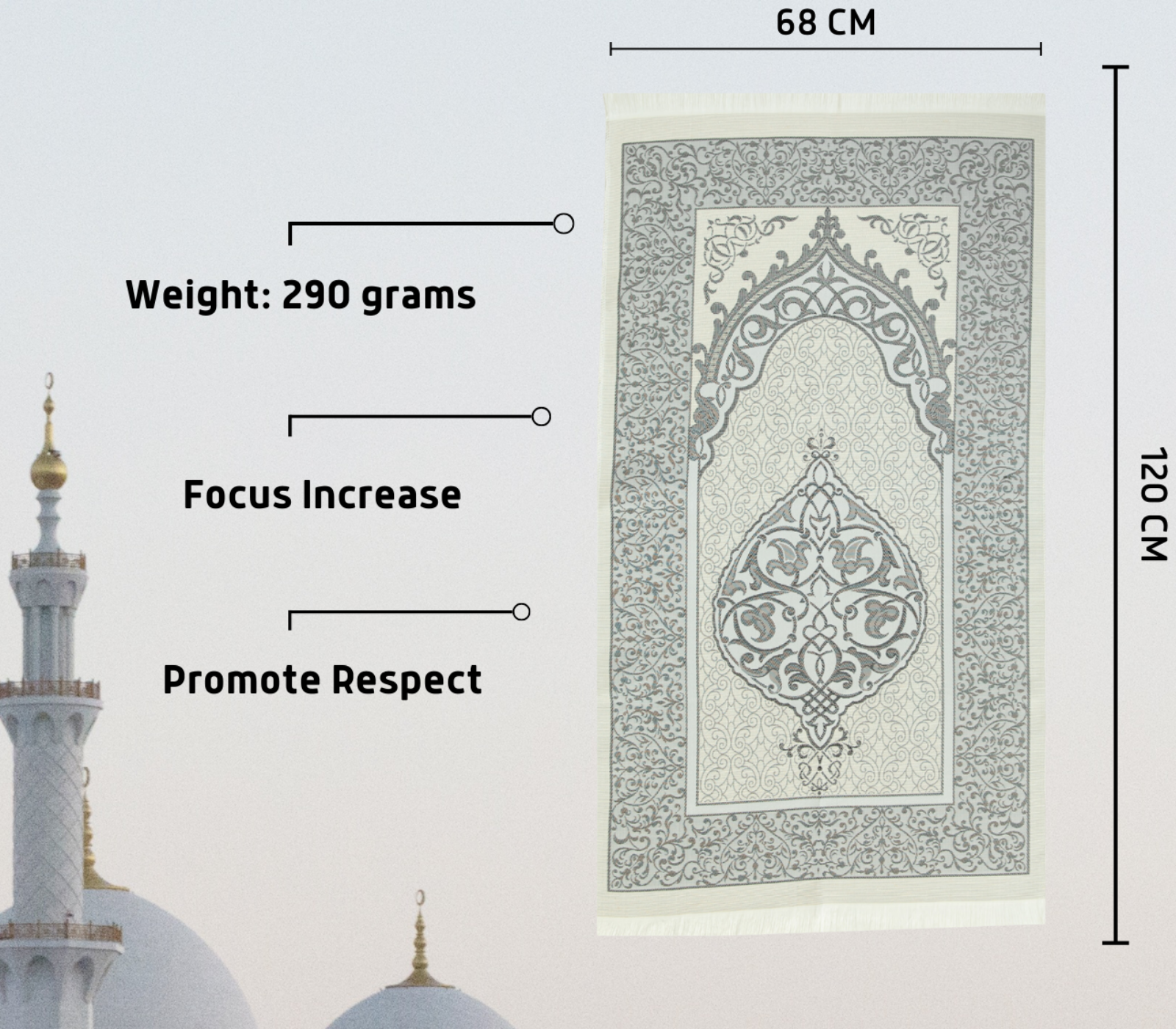 Prayer Rug with Bag, Pearl Design Prayer Beads - Grey