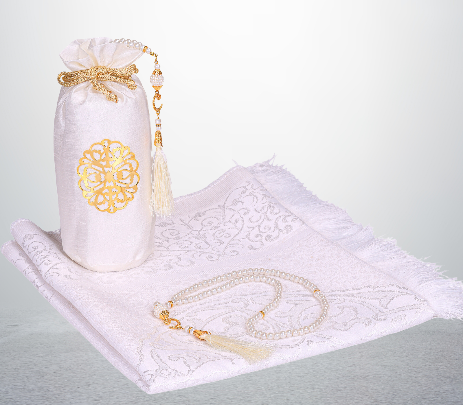 Prayer Rug with Bag, Pearl Design Prayer Beads - White