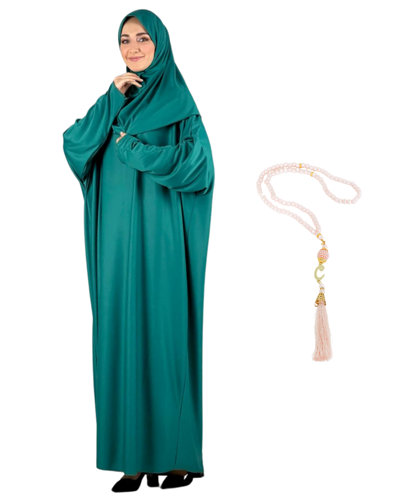 Gebetskleidung für Frauen mit Hijab, muslimische Outfits, lange Robe, Abaya, türkische islamische Kleider, Dubai, Kaftan mit Rosenkranz