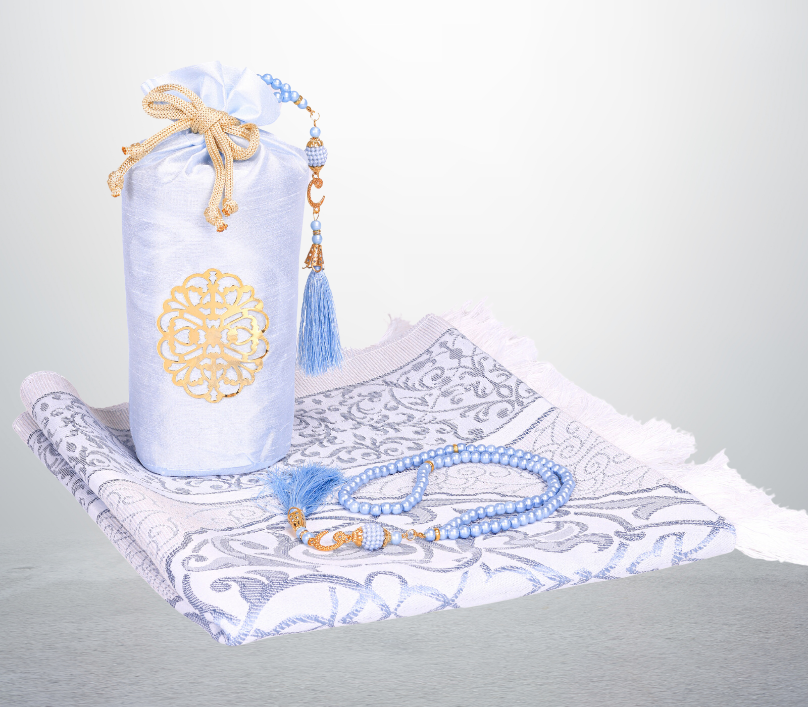 Prayer Rug with Bag, Pearl Design Prayer Beads - Light Blue