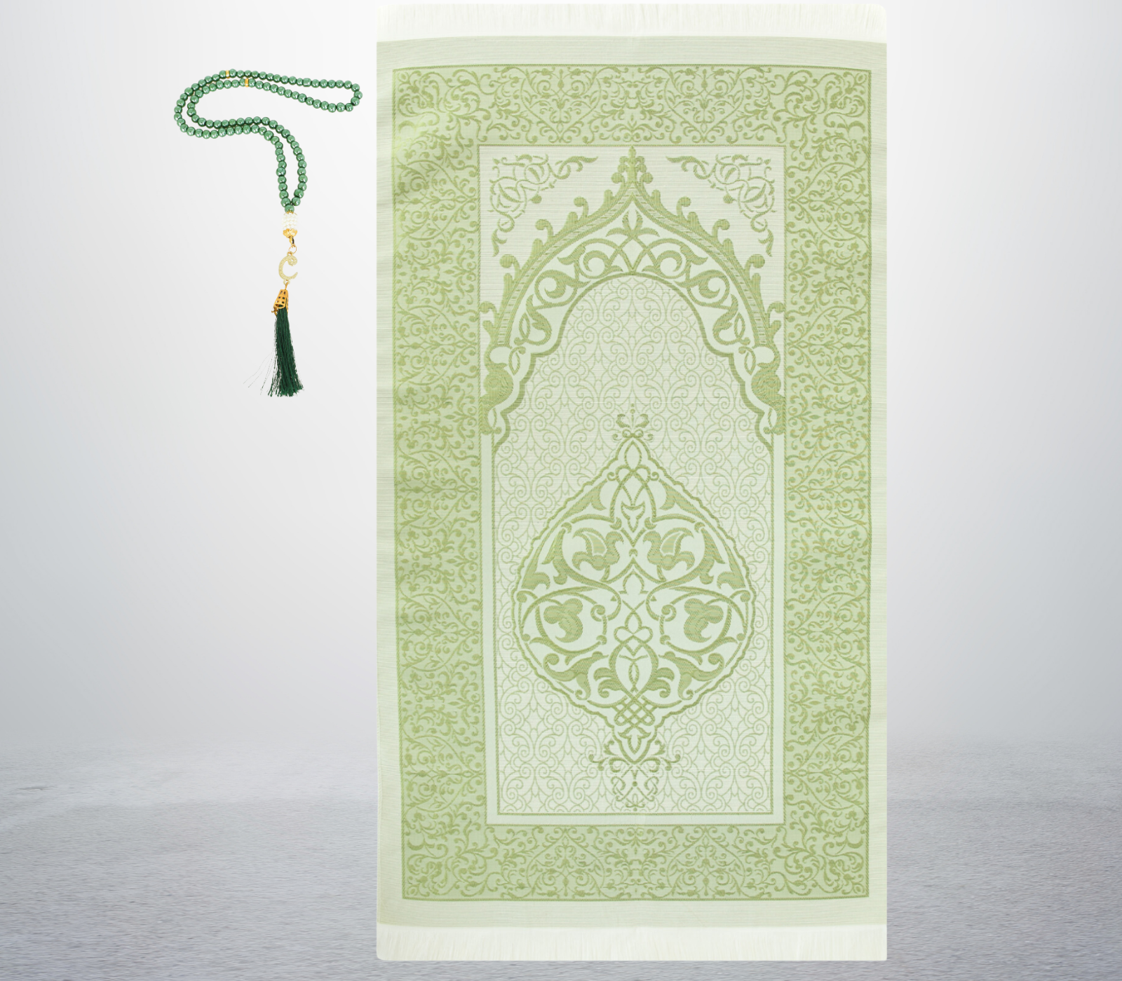 Prayer Rug With Tasbih | Muslim Carpet | Praying Mat With Prayer Beads - Green
