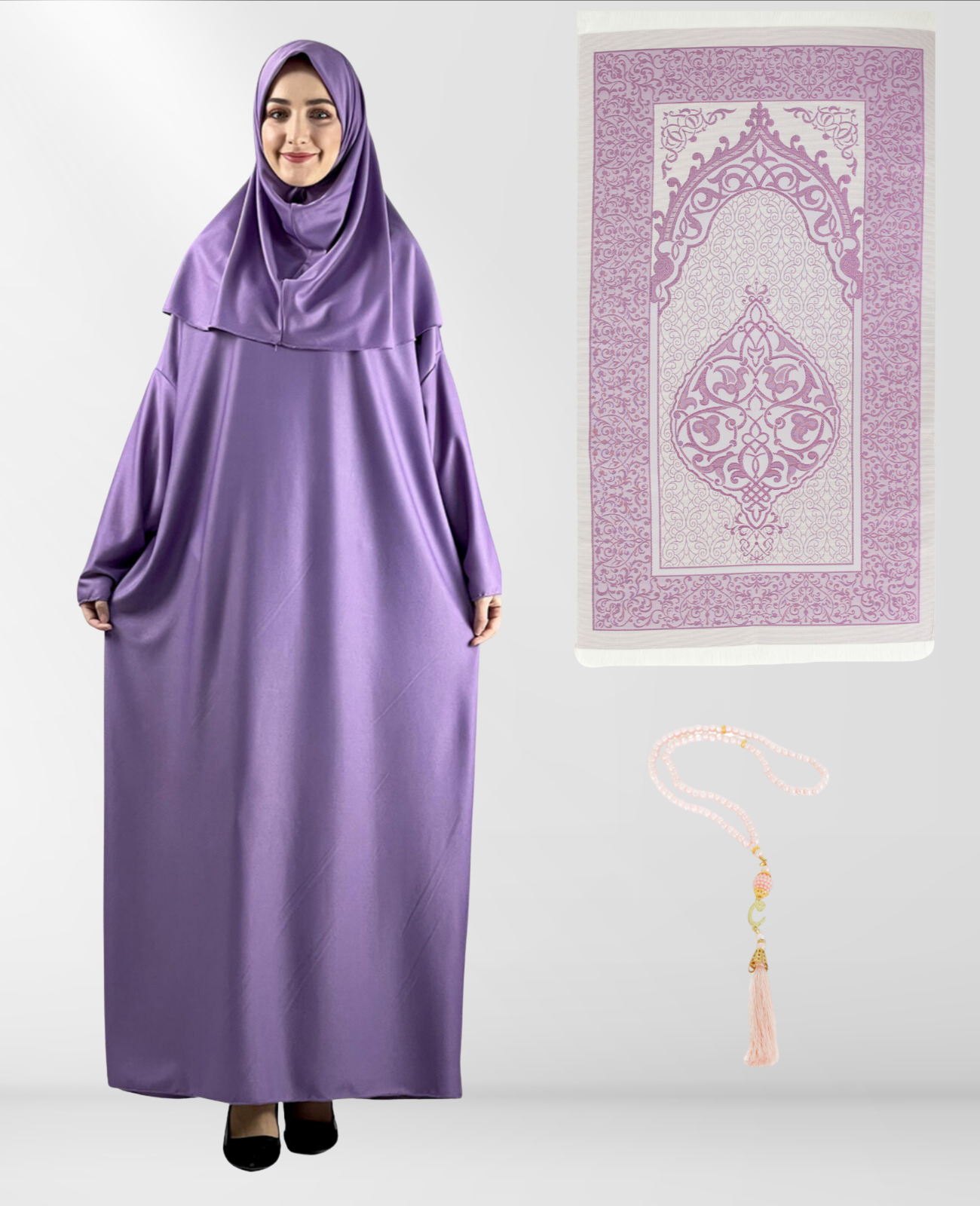 Prayer Dress for Women With Tasbeeh and Prayer Rug - Black