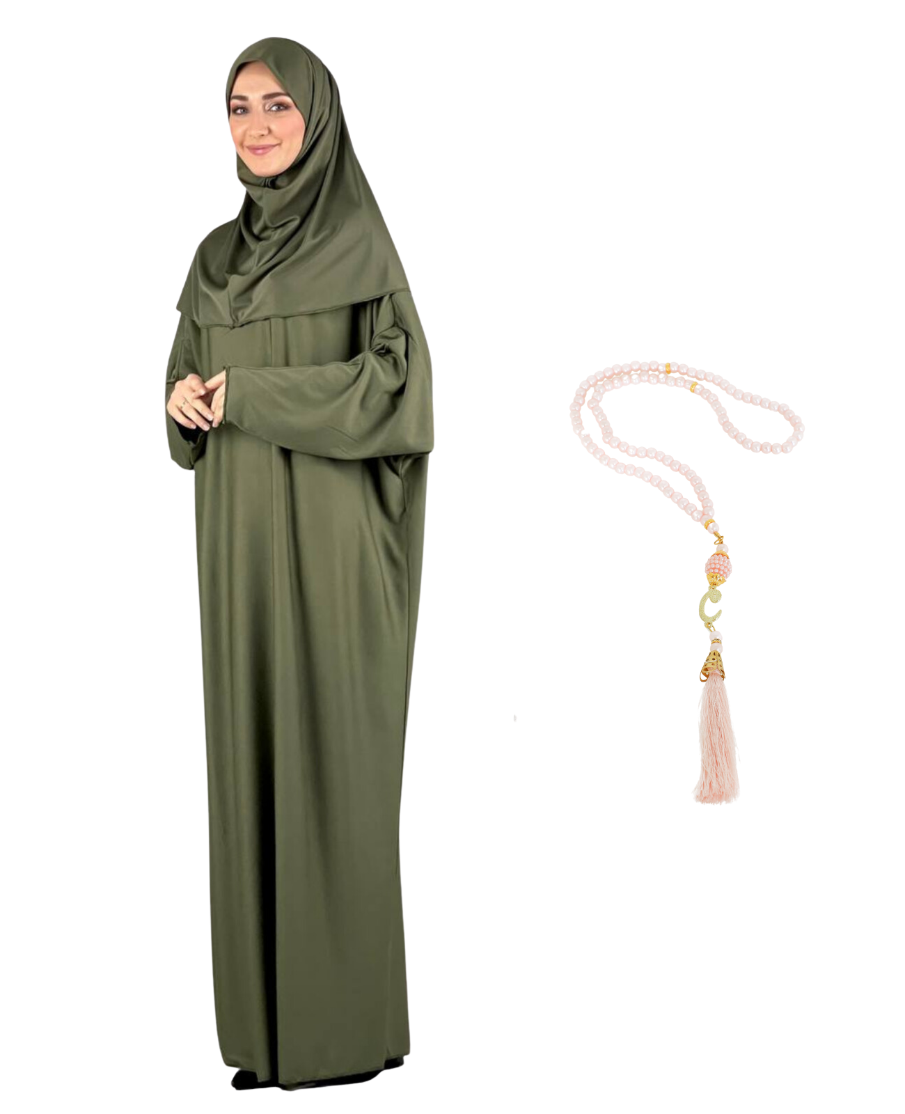 Gebetskleidung für Frauen mit Hijab, muslimische Outfits, lange Robe, Abaya, türkische islamische Kleider, Dubai, Kaftan mit Rosenkranz