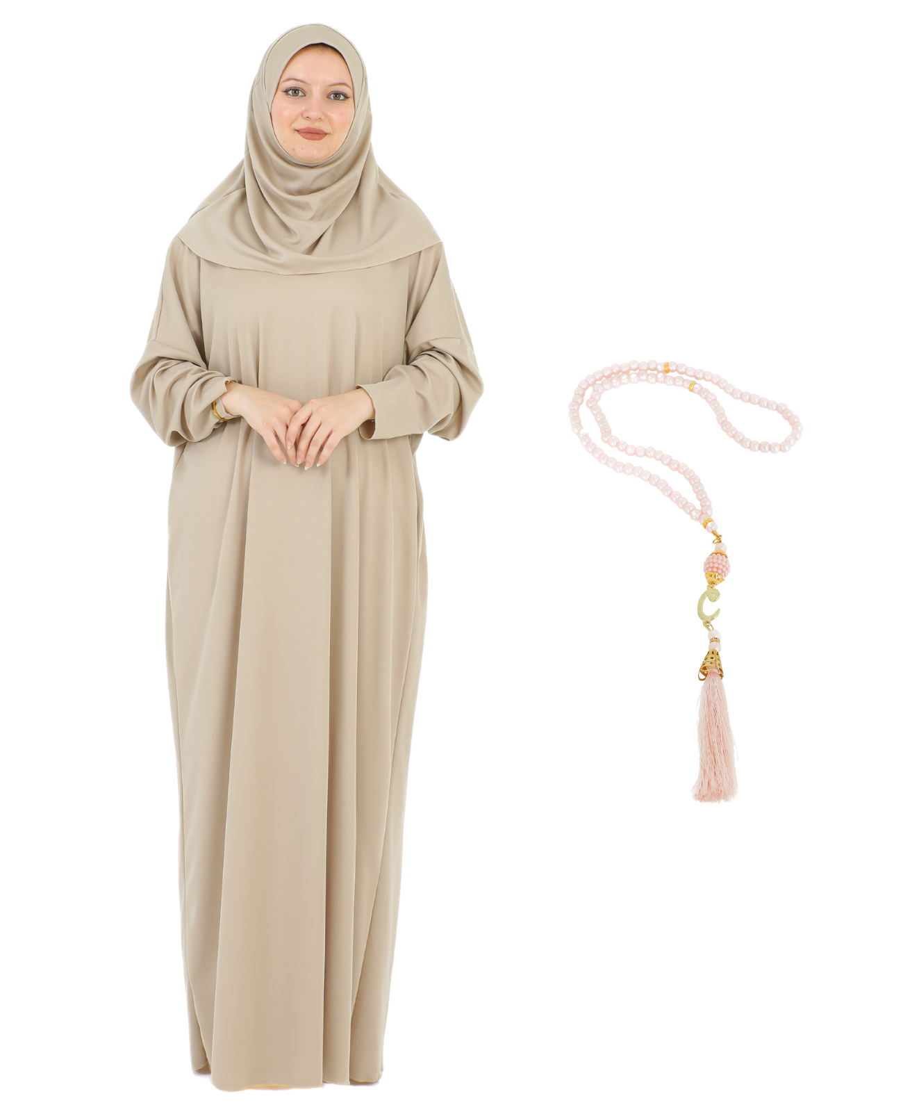Gebetskleidung für Frauen mit Hijab, muslimische Outfits, lange Robe, Abaya, türkische islamische Kleider, Dubai, Kaftan mit Rosenkranz