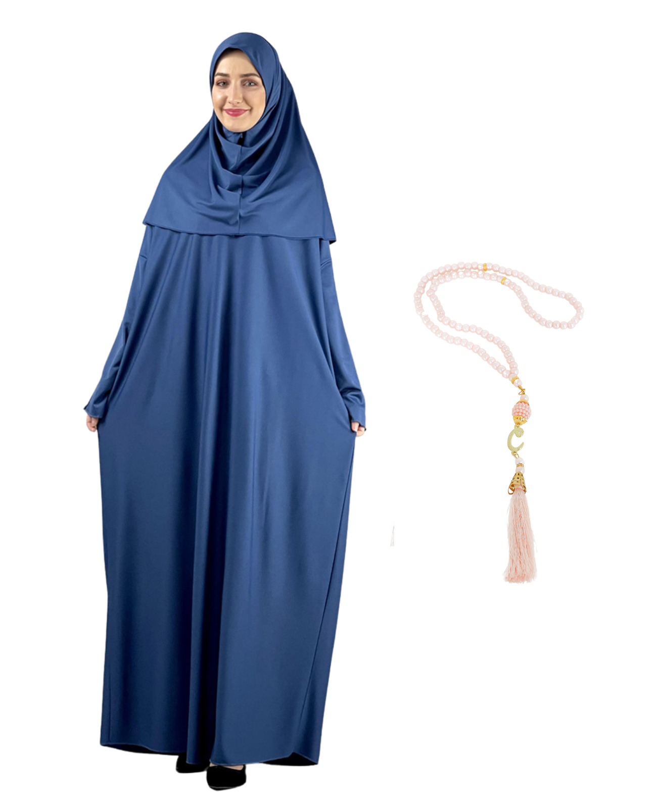 Gebetskleidung für Frauen mit Hijab, muslimische Outfits, lange Robe, Abaya, türkische islamische Kleider, Dubai, Kaftan mit Rosenkranz