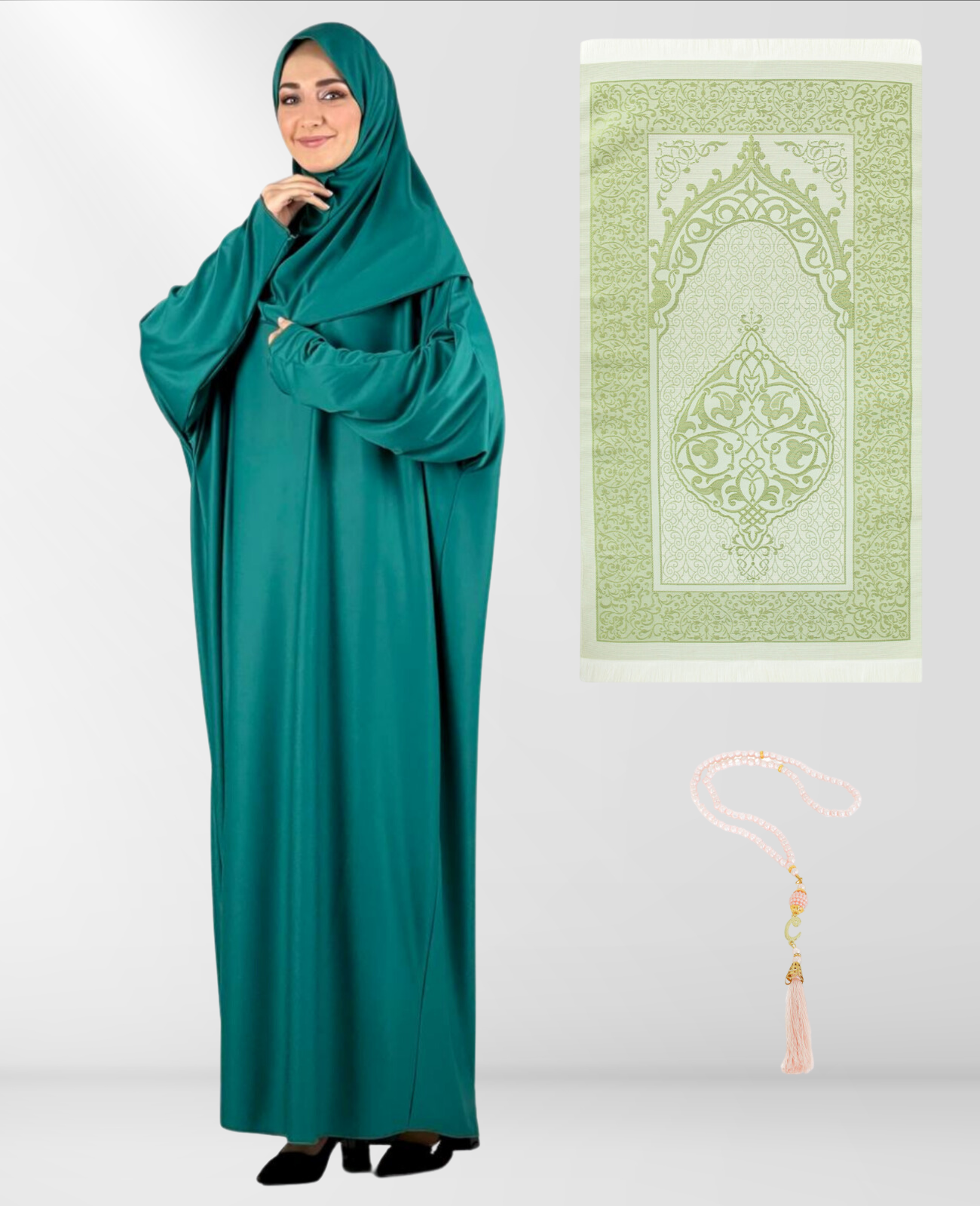 Prayer Dress for Women With Tasbeeh and Prayer Rug - Black