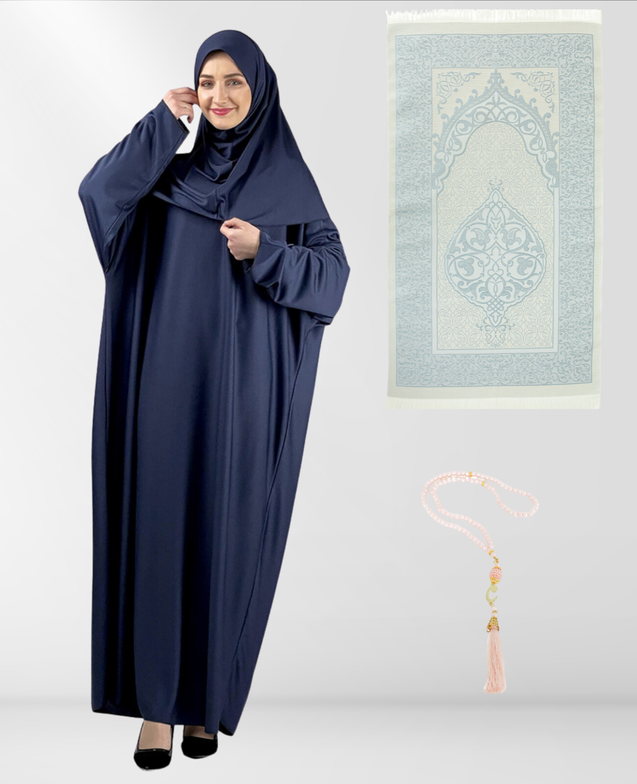 Prayer Dress for Women With Tasbeeh and Prayer Rug - Black