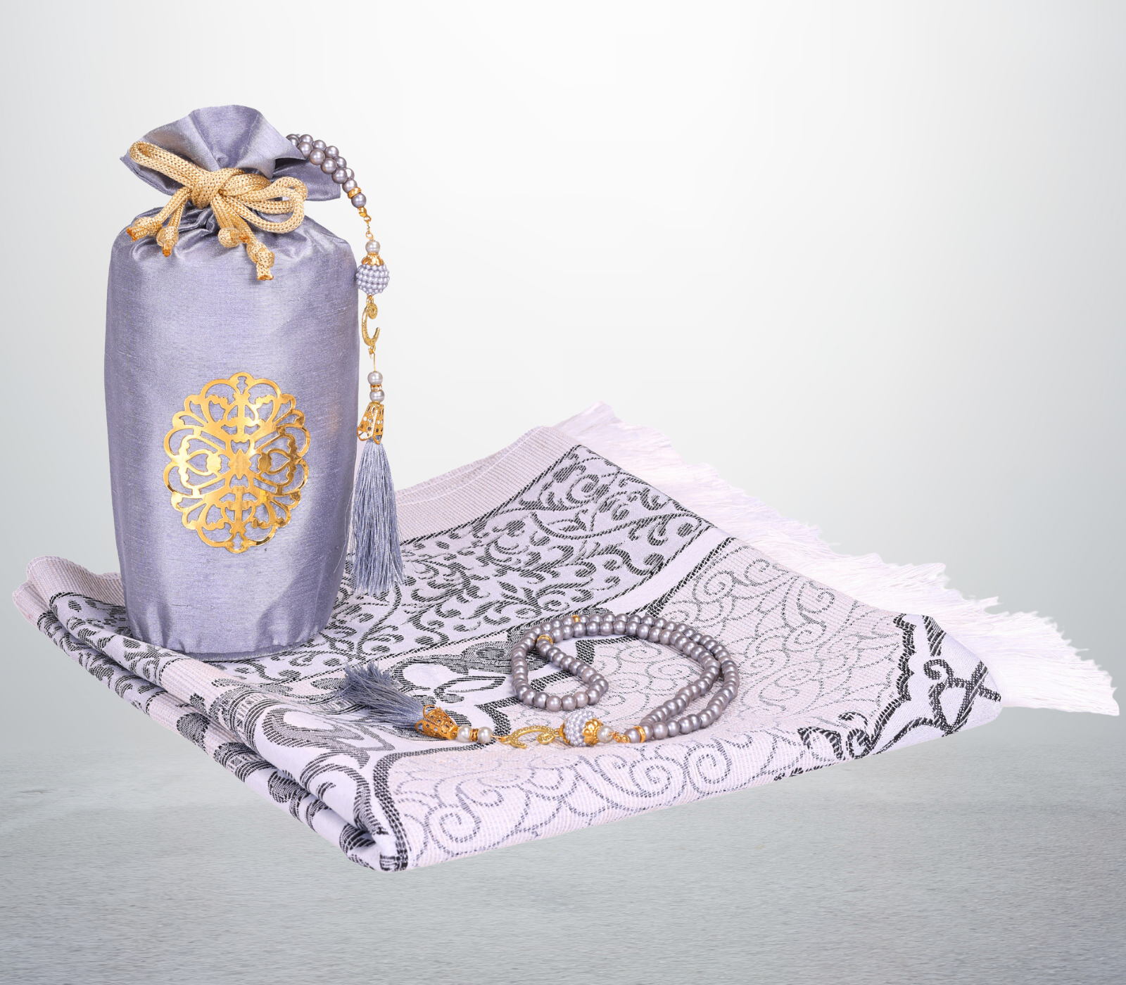 Prayer Rug with Bag, Pearl Design Prayer Beads - Grey