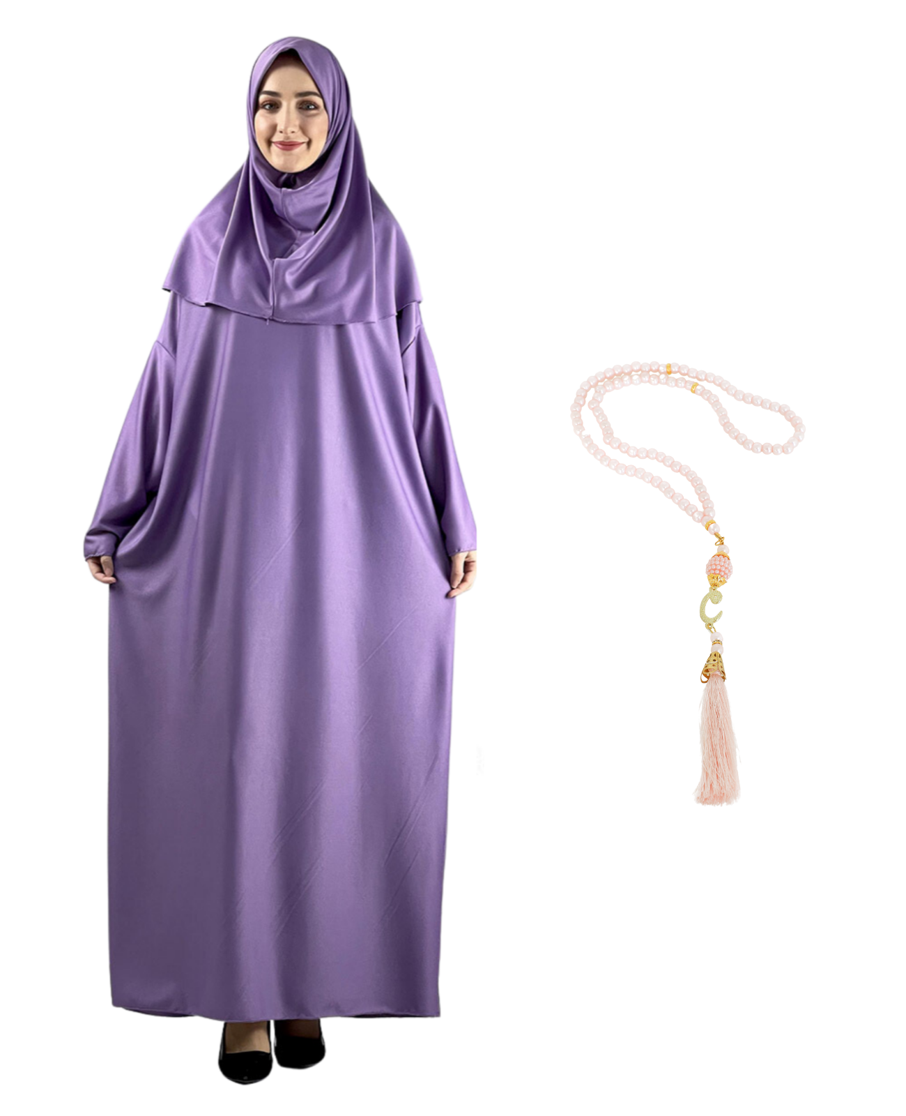 Gebetskleidung für Frauen mit Hijab, muslimische Outfits, lange Robe, Abaya, türkische islamische Kleider, Dubai, Kaftan mit Rosenkranz