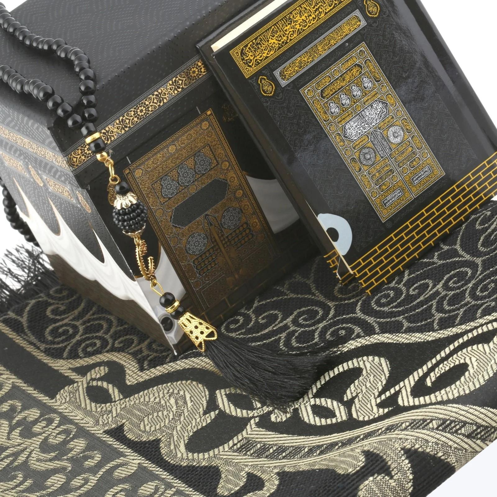 سجادة صلاة إسلامية ومصحف مع سبحة صلاة، صندوق ديكور الكعبة، هدية إسلامية للنساء والرجال، سجادة من قماش التفتا