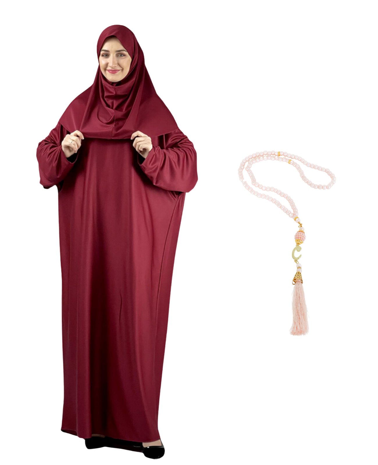 Gebetskleidung für Frauen mit Hijab, muslimische Outfits, lange Robe, Abaya, türkische islamische Kleider, Dubai, Kaftan mit Rosenkranz