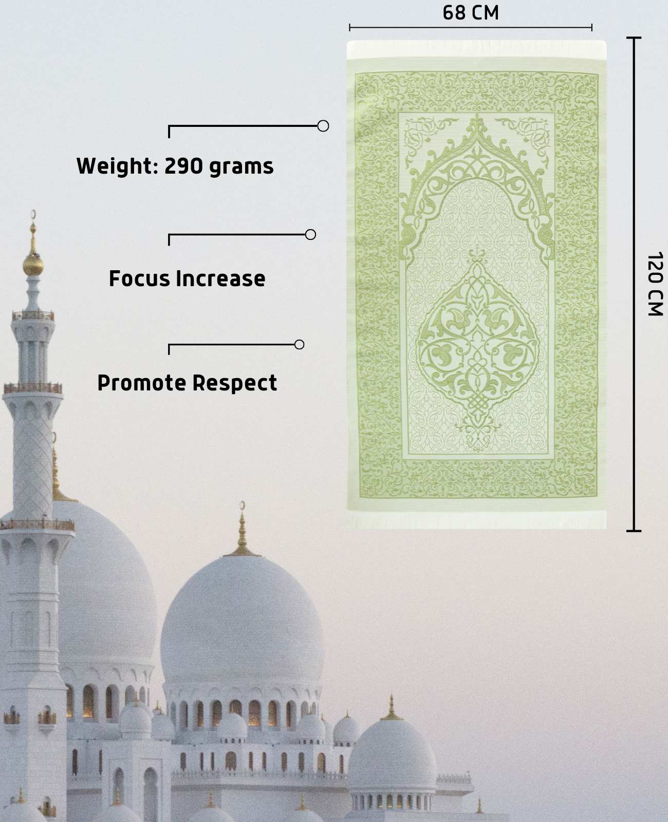 Prayer Rug With Tasbih | Muslim Carpet | Praying Mat With Prayer Beads - Green