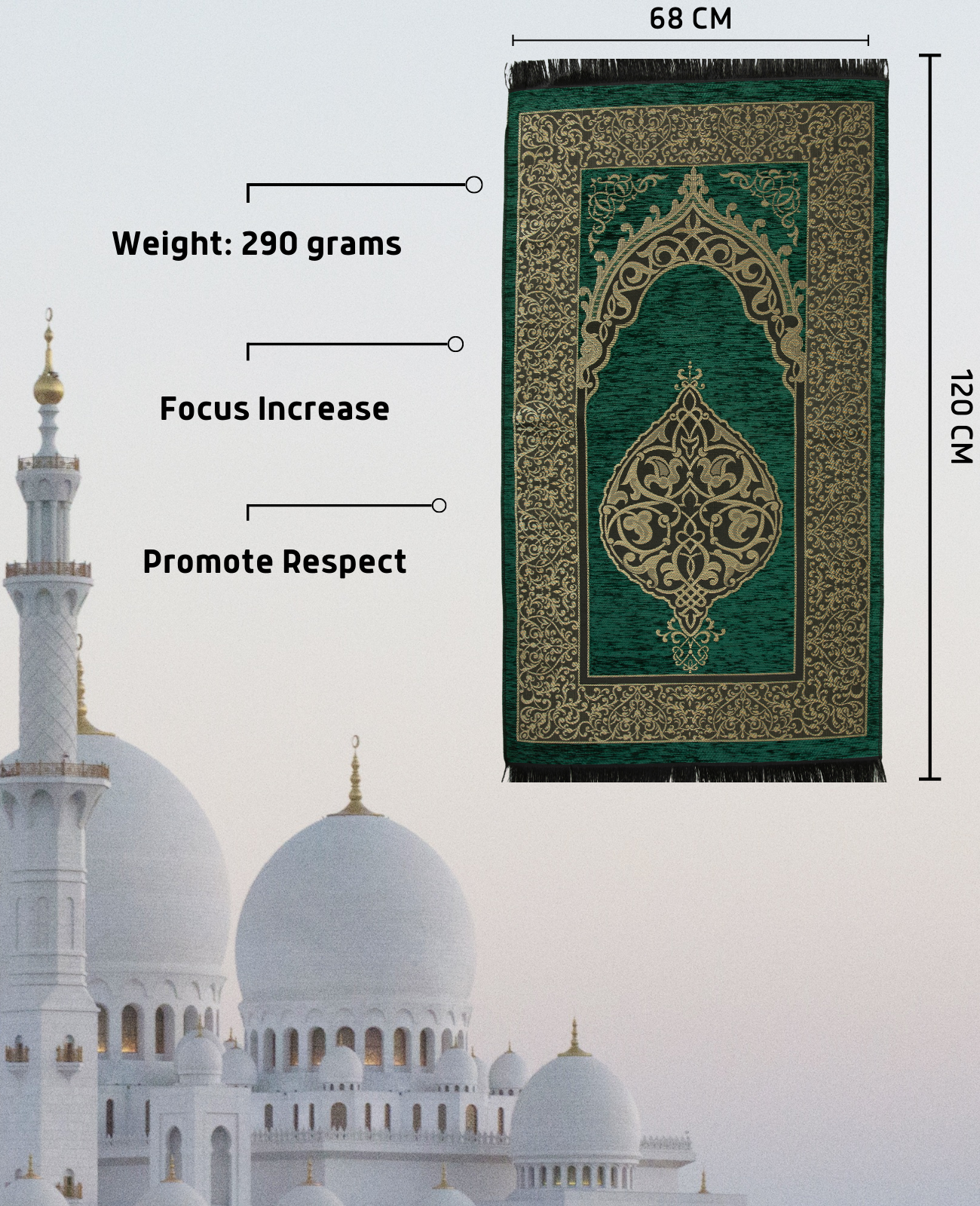 Prayer Rug With Tasbih | Muslim Carpet | Praying Mat With Prayer Beads - Green