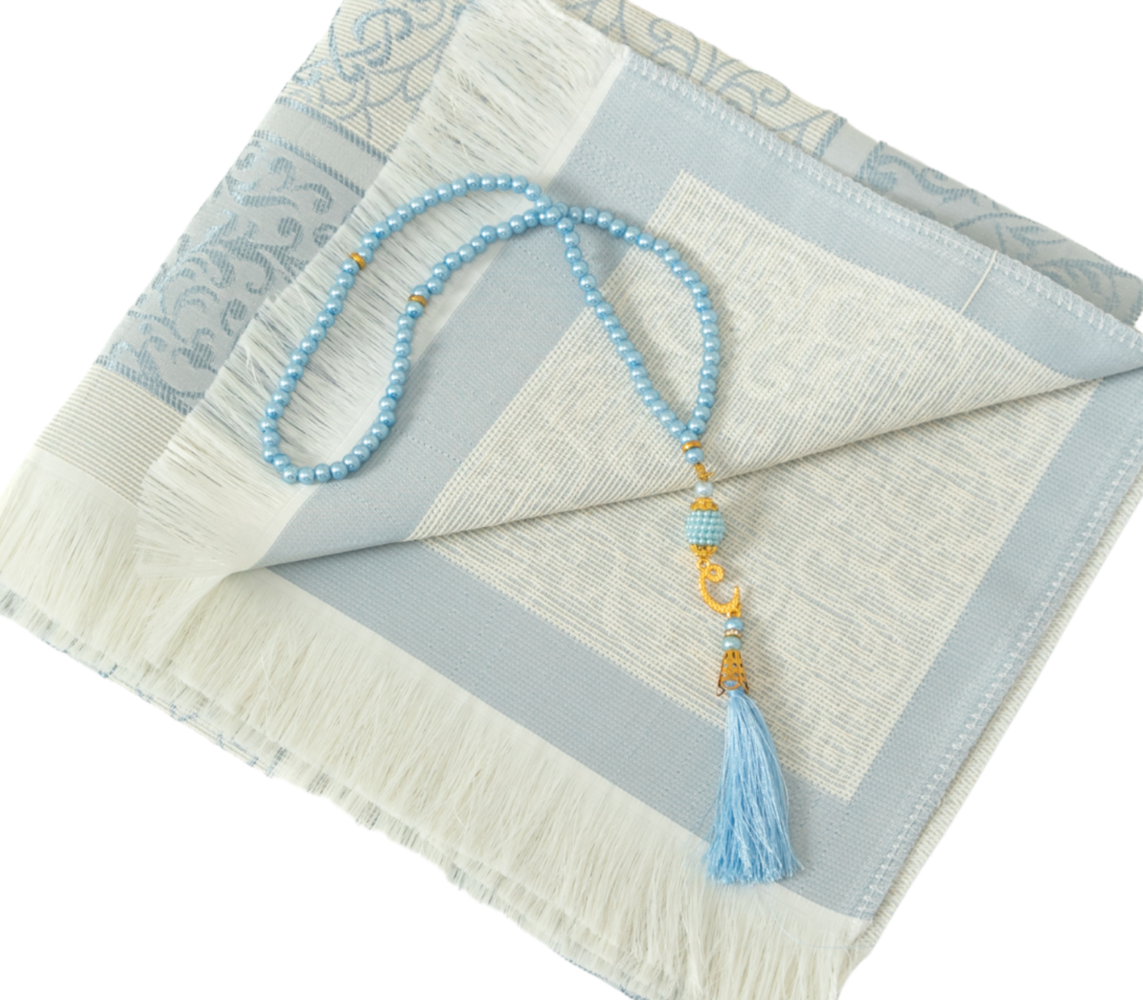 Prayer Rug with Bag, Pearl Design Prayer Beads - Light Blue