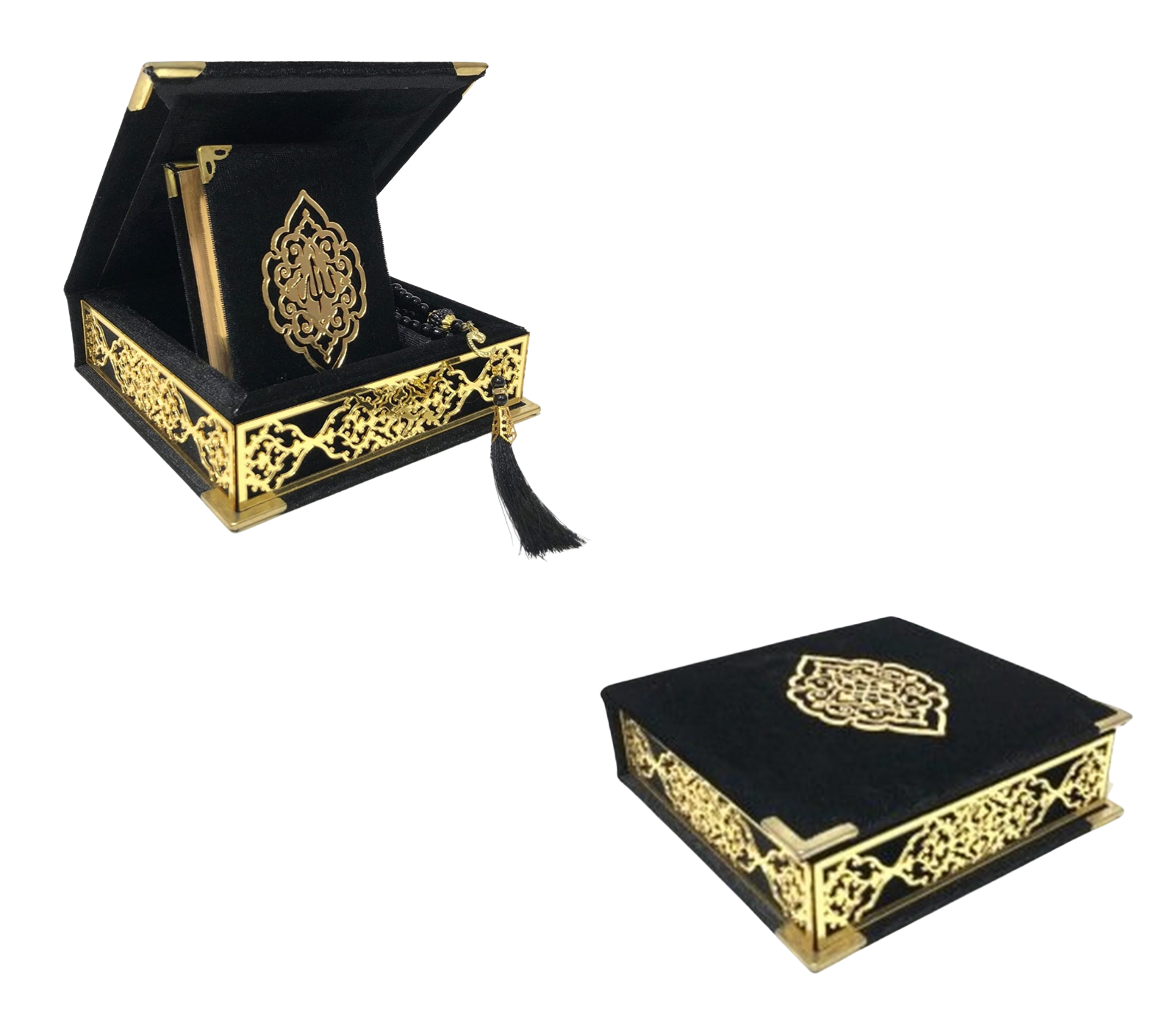 Velvet Covered Quran & Tasbih Box - Black
