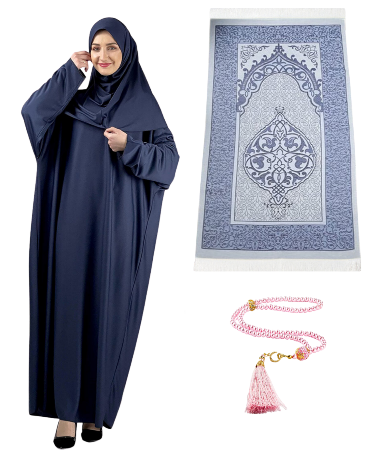 Prayer Dress for Women With Tasbeeh and Prayer Rug - Black