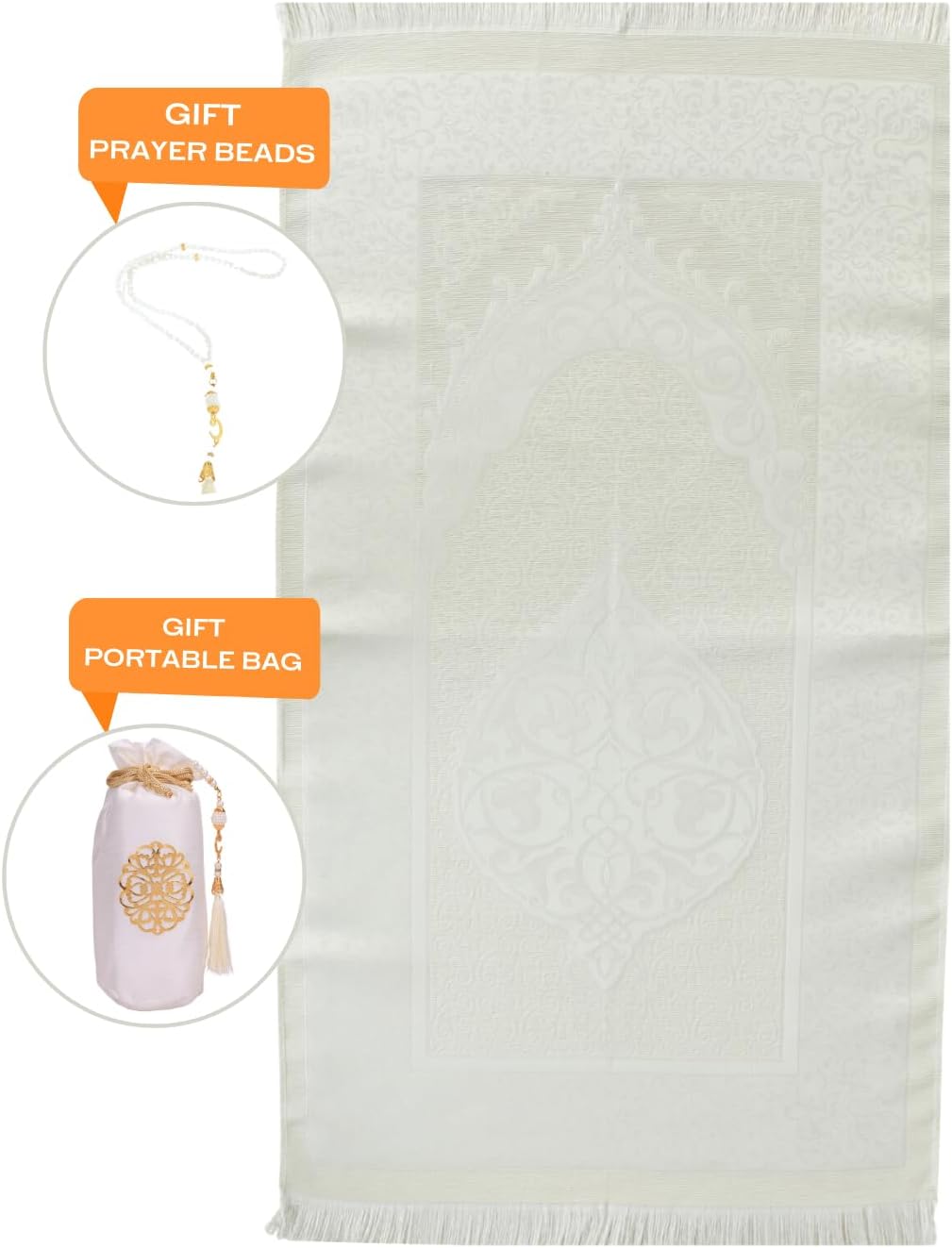Prayer Rug with Bag, Pearl Design Prayer Beads - White