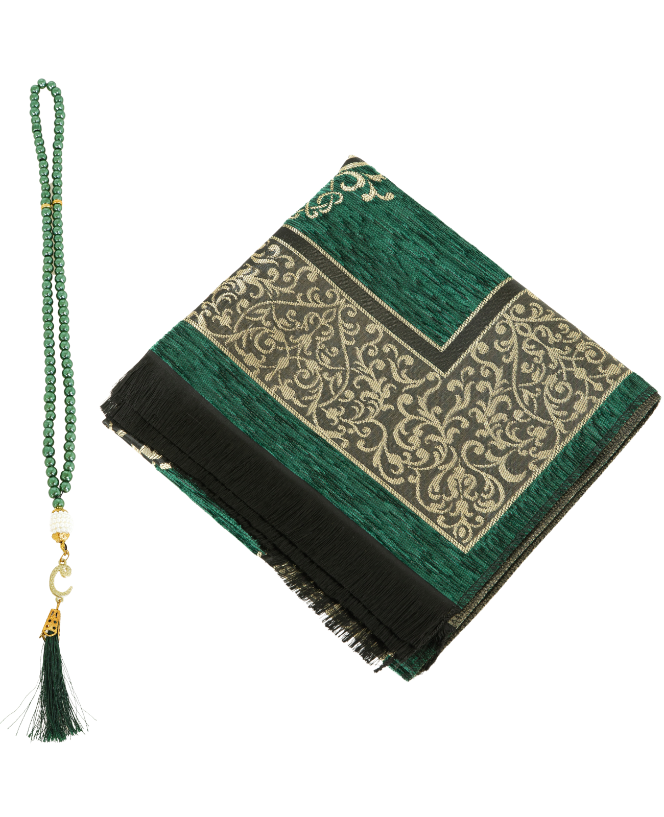 Prayer Rug With Tasbih | Muslim Carpet | Praying Mat With Prayer Beads - Green
