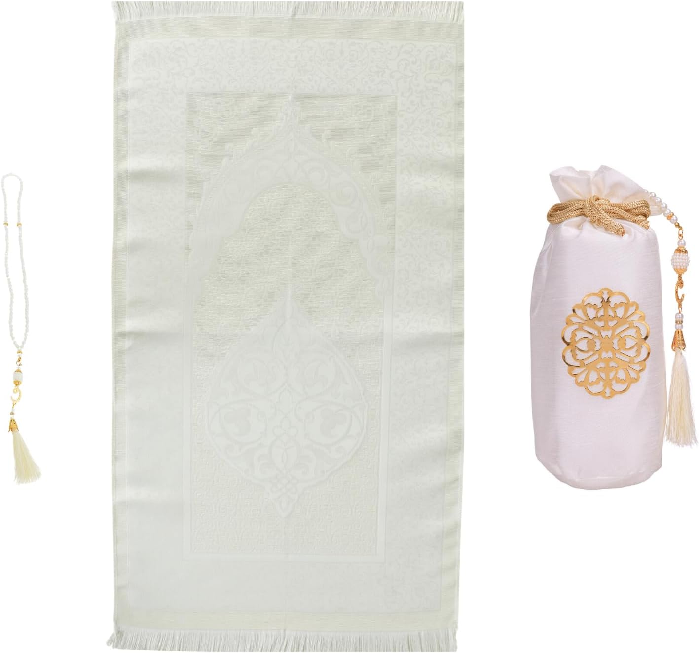 Prayer Rug with Bag, Pearl Design Prayer Beads - White