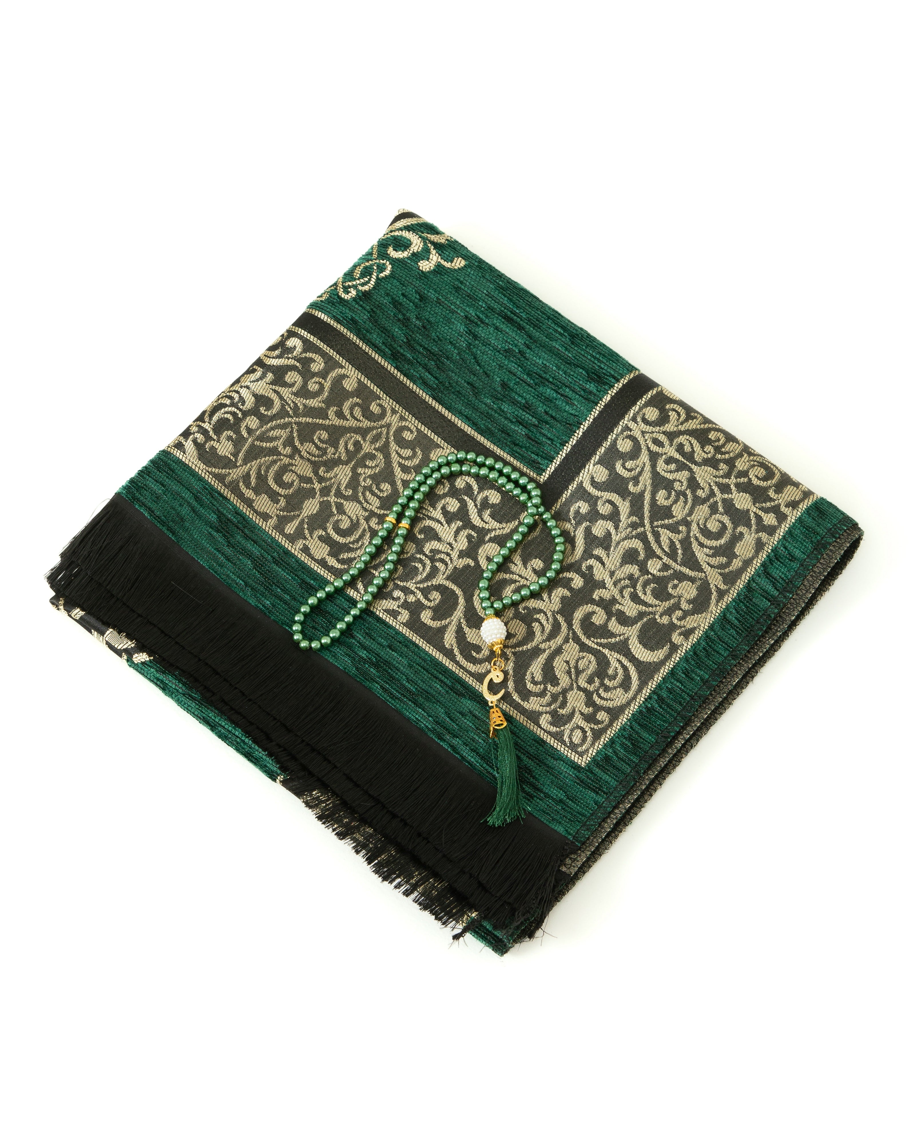 Prayer Rug With Tasbih | Muslim Carpet | Praying Mat With Prayer Beads - Green