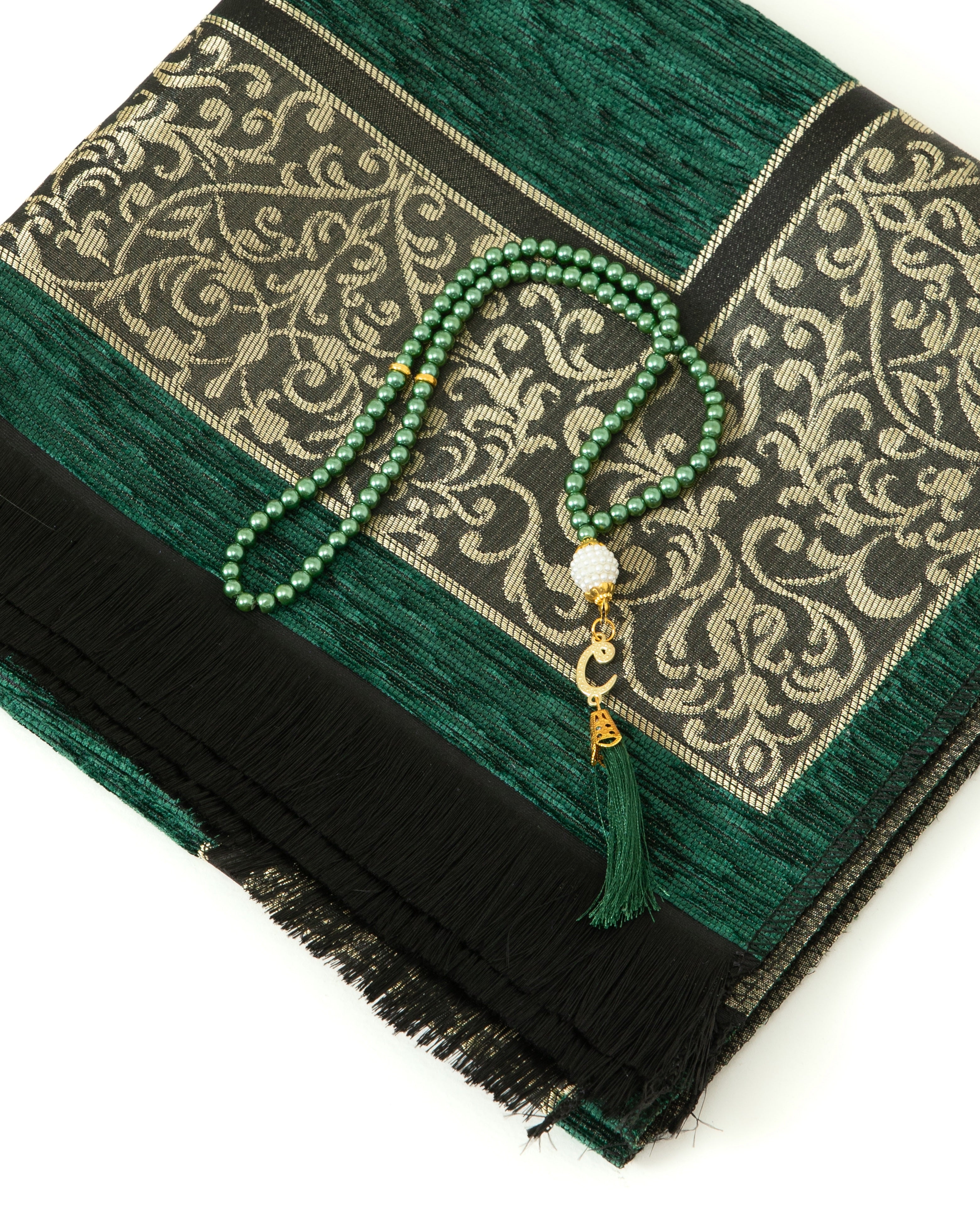 Prayer Rug With Tasbih | Muslim Carpet | Praying Mat With Prayer Beads - Green