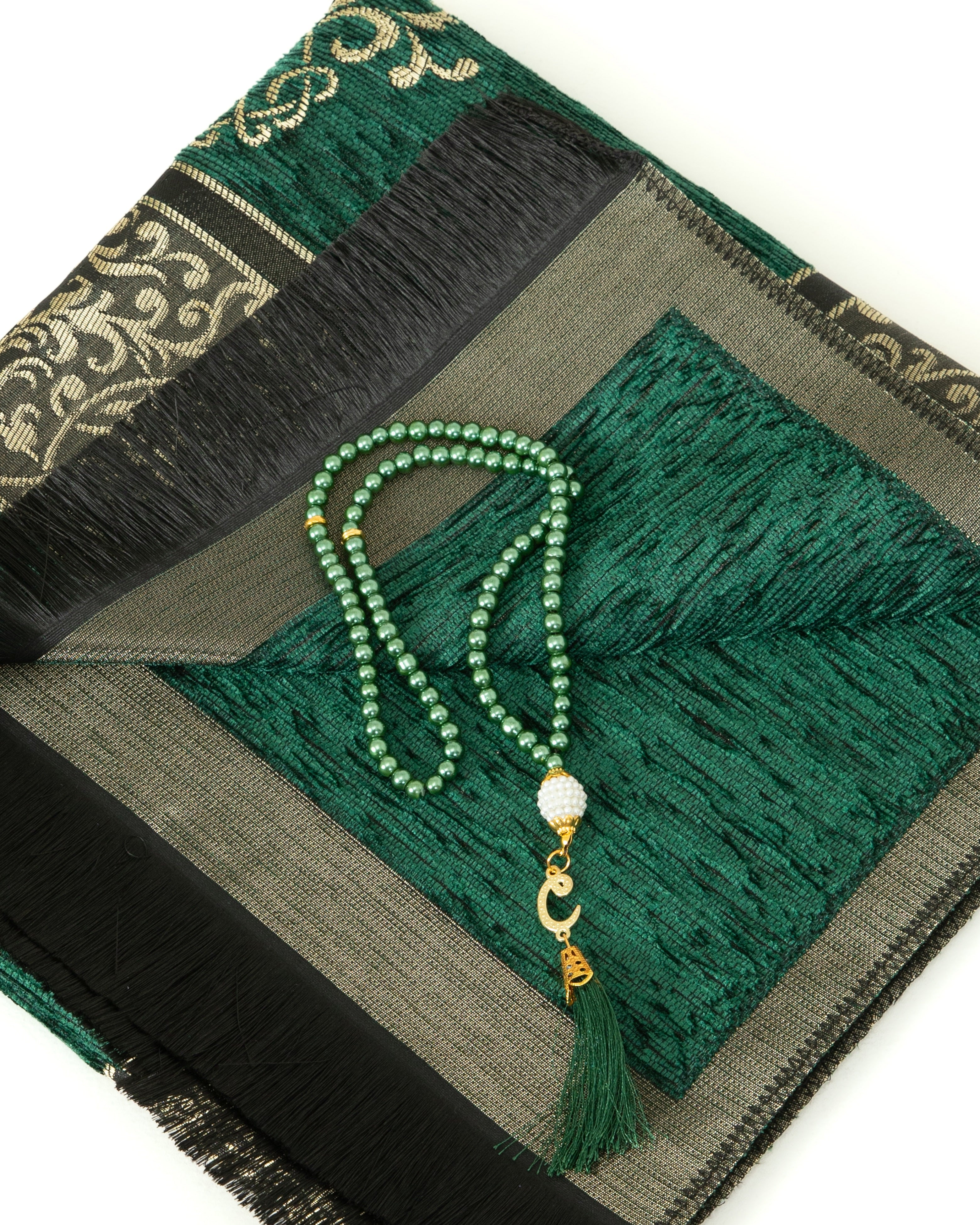 Prayer Rug With Tasbih | Muslim Carpet | Praying Mat With Prayer Beads - Green