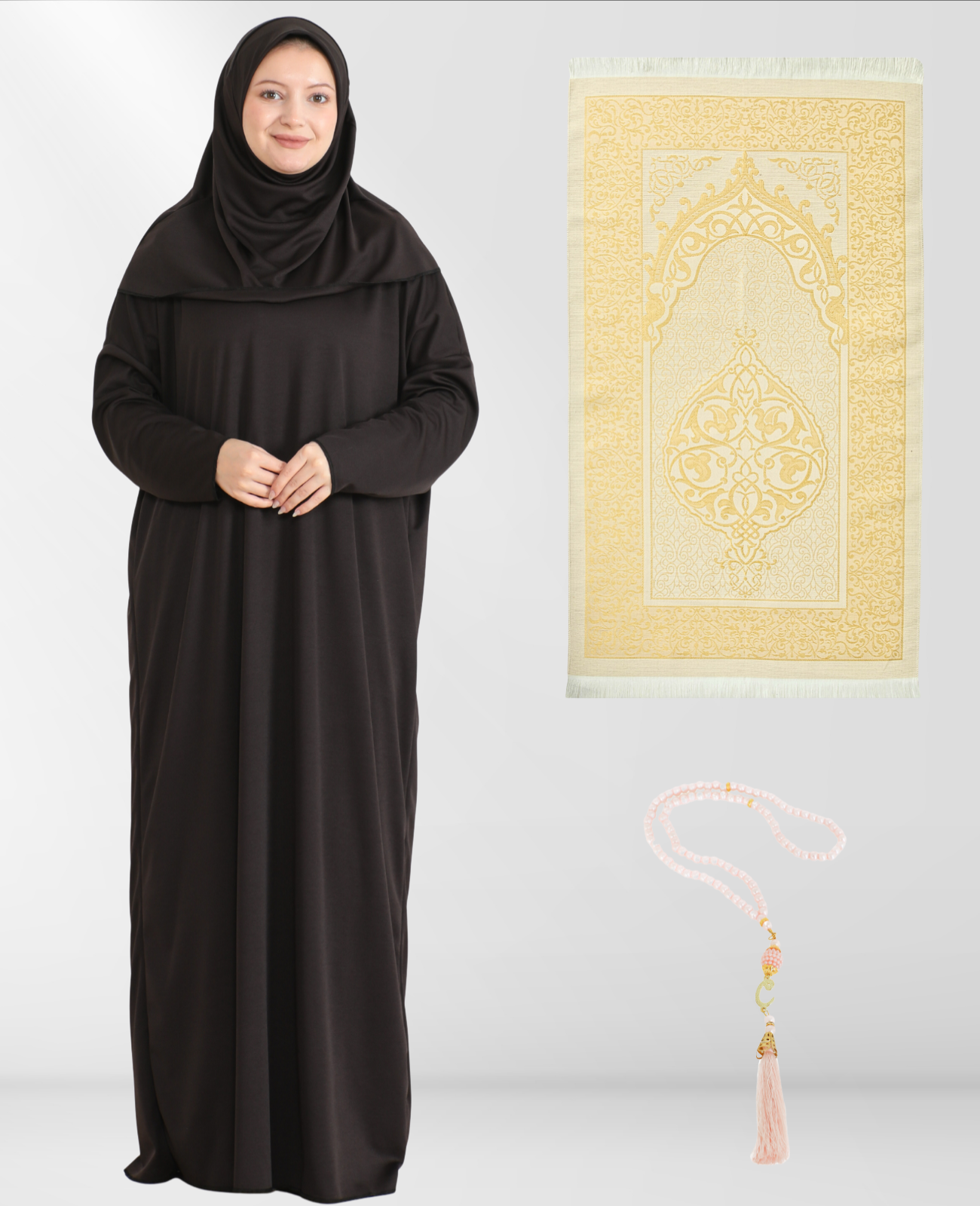 Prayer Dress for Women With Tasbeeh and Prayer Rug - Black