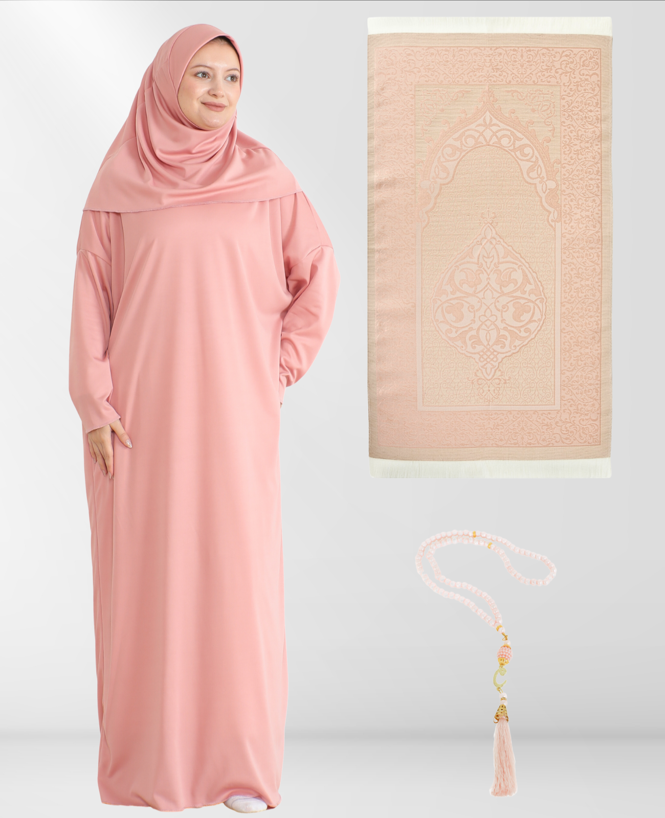 Prayer Dress for Women Jersey With Tasbeeh and Prayer Rug - Rose Rose / One size