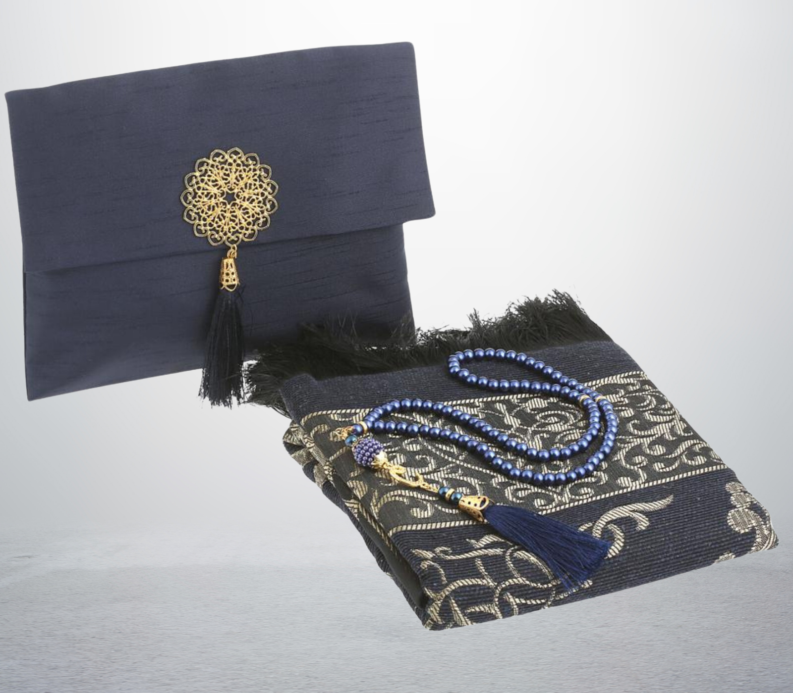 Muslim Prayer Rug With Tasbih and Portable Bag - Navy Blue