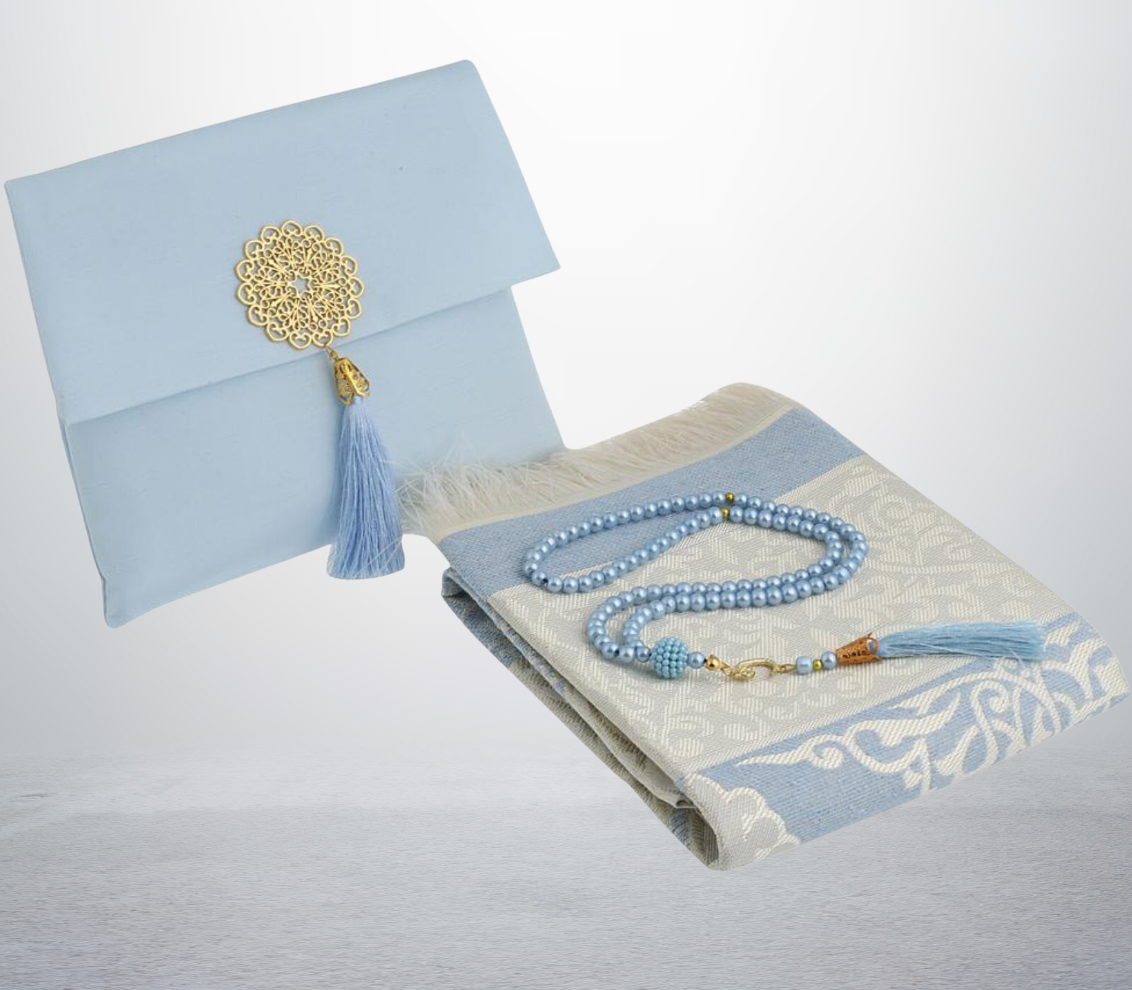 Muslim Prayer Rug With Tasbih and Portable Bag - Light Blue