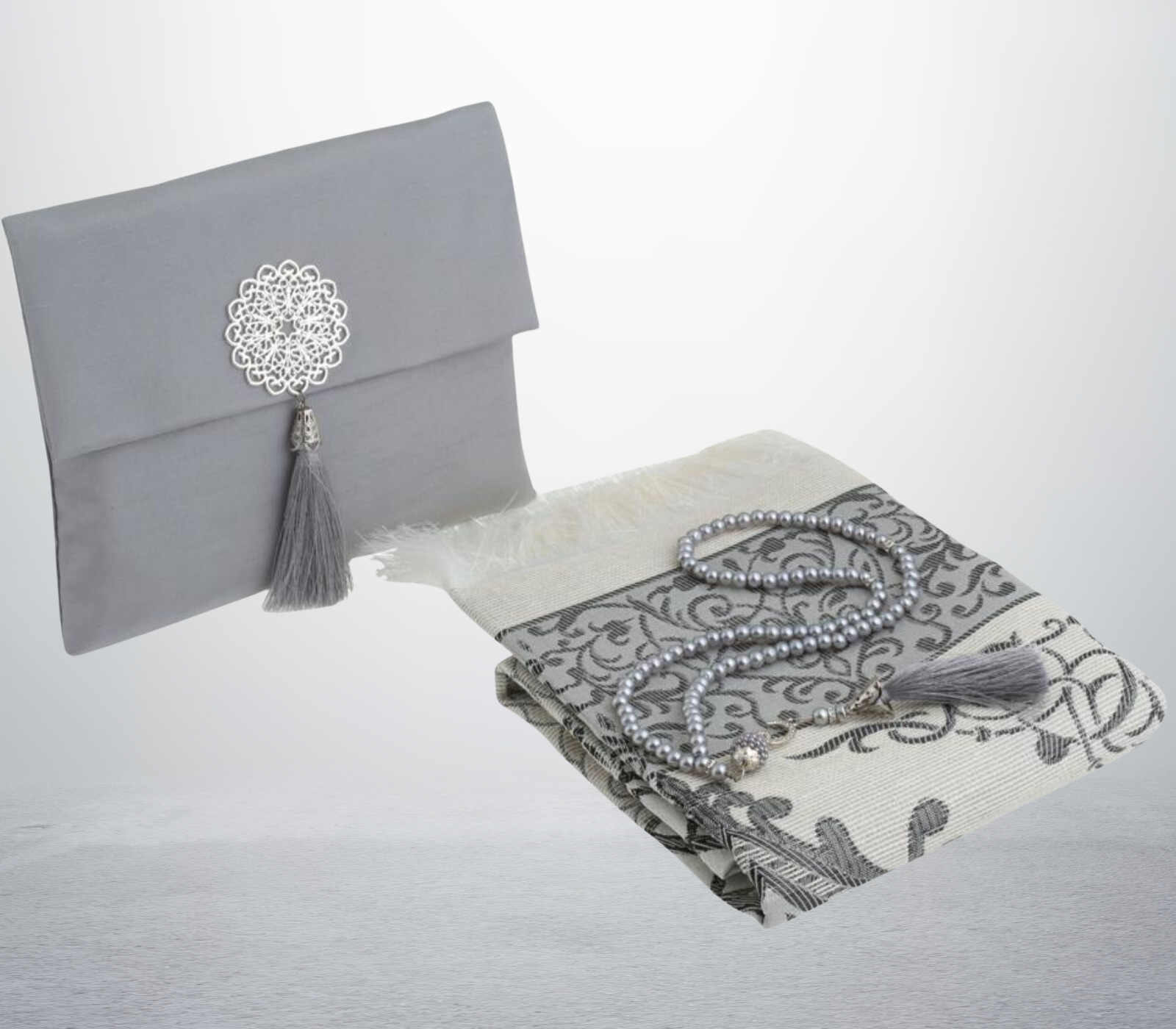 Muslim Prayer Rug With Tasbih and Portable Bag - Grey