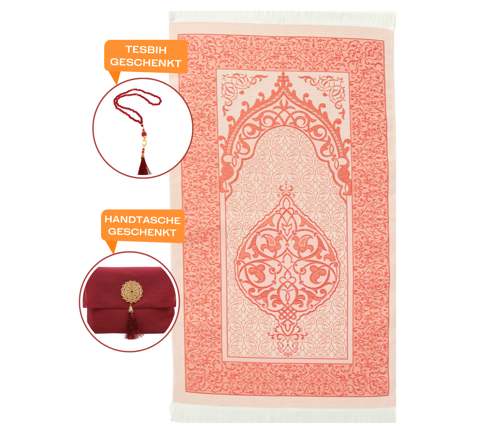 Muslim Prayer Rug With Tasbih and Portable Bag - Red