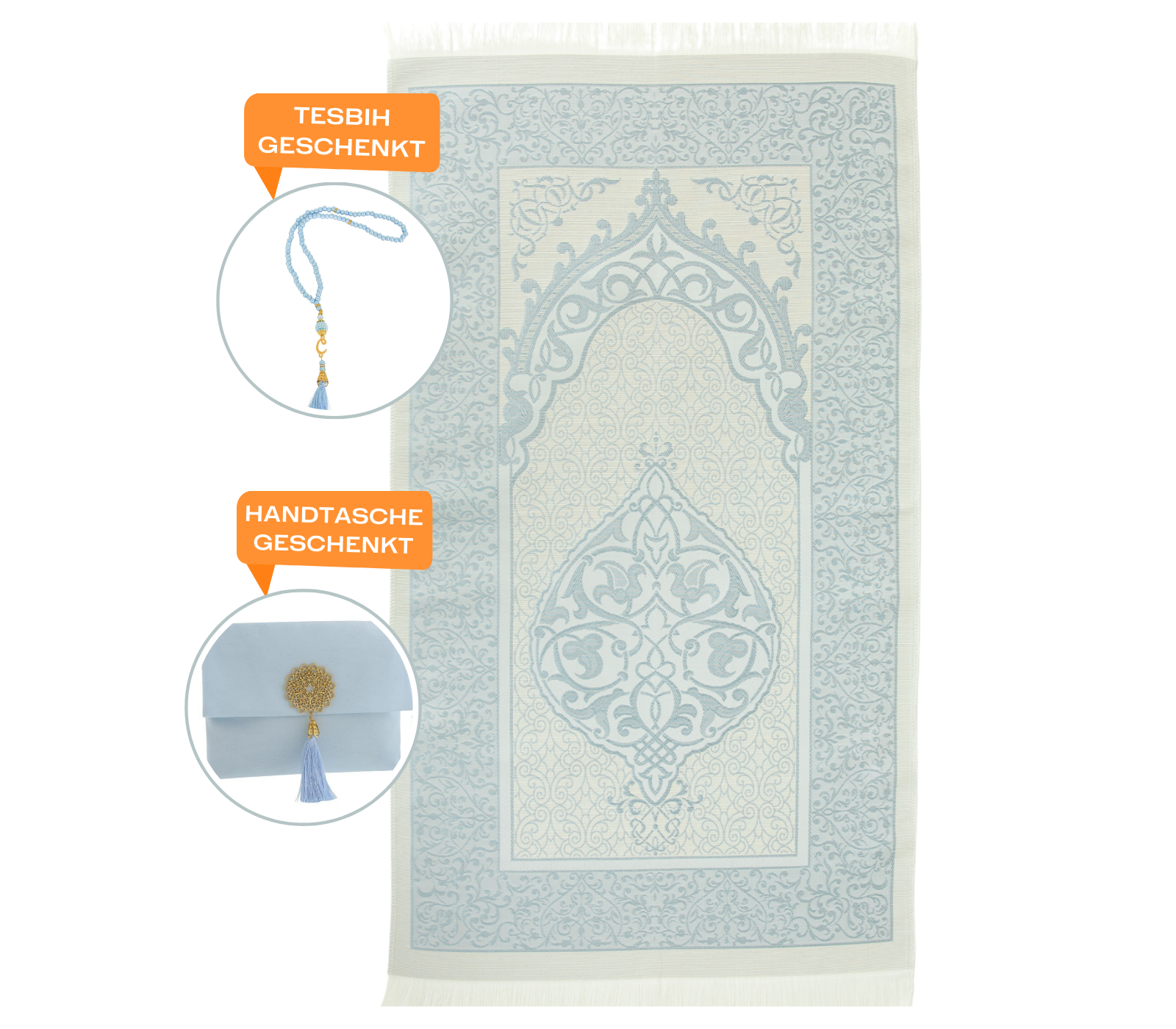 Muslim Prayer Rug With Tasbih and Portable Bag - Light Blue