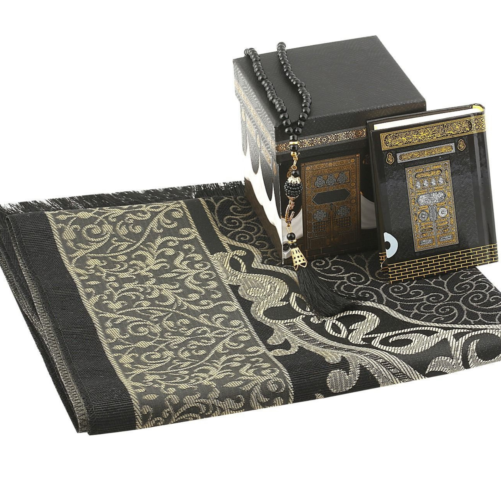 Muslim Prayer Rug and Quran With Prayer Beads, Kaaba Decor Box, Islamic Gift For Women & Men, Taffeta Fabric Mat