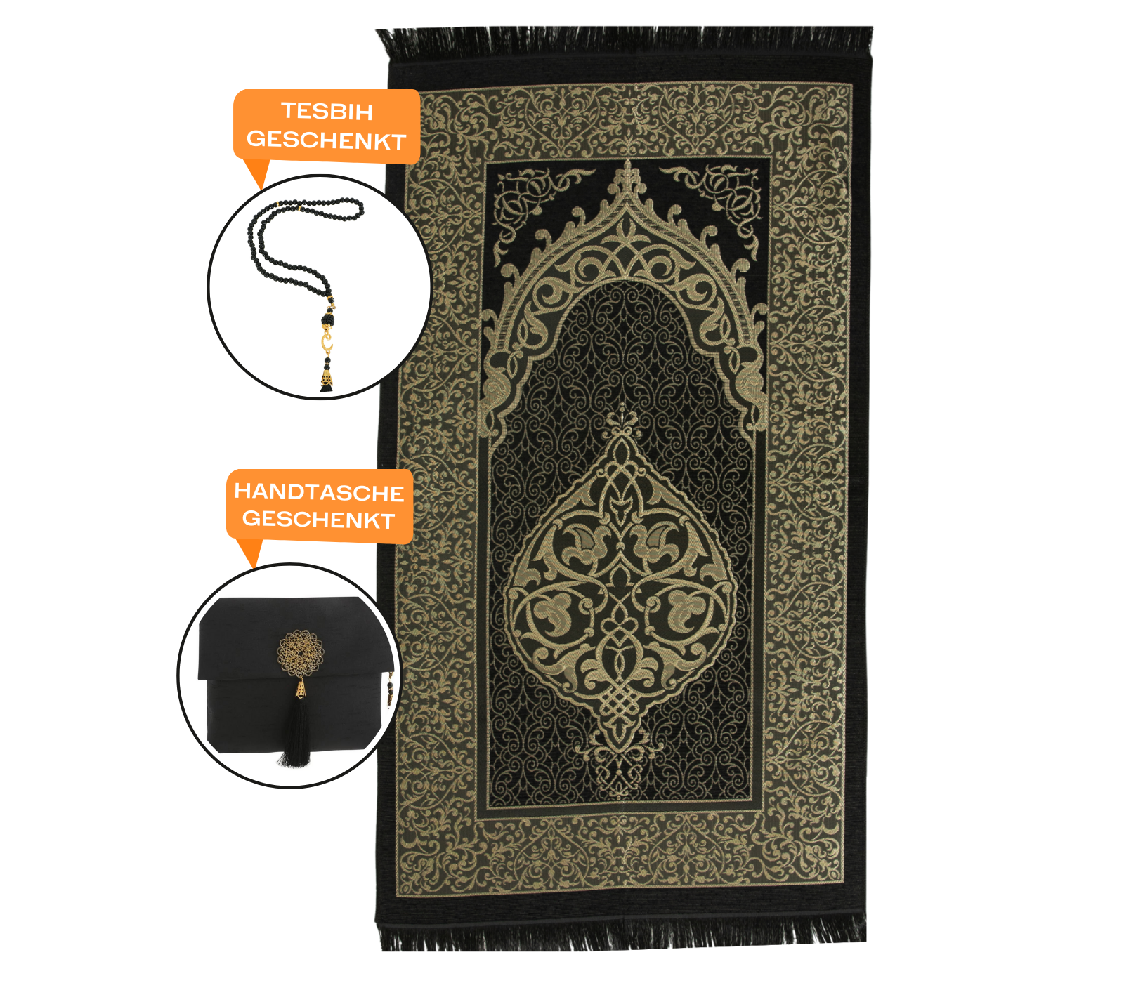 Muslim Prayer Rug With Tasbih and Portable Bag - Black