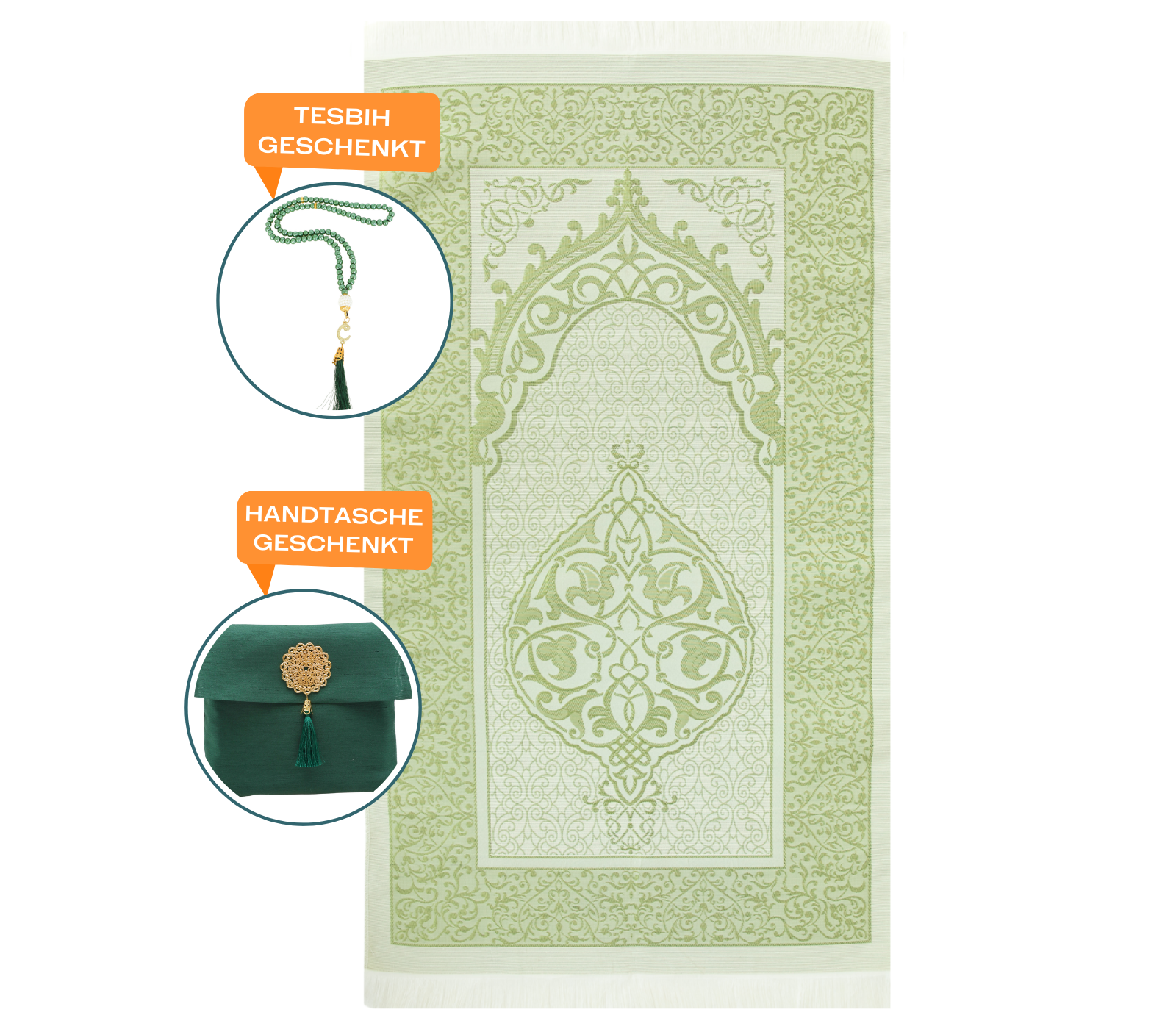 Muslim Prayer Rug With Tasbih and Portable Bag - Emerald