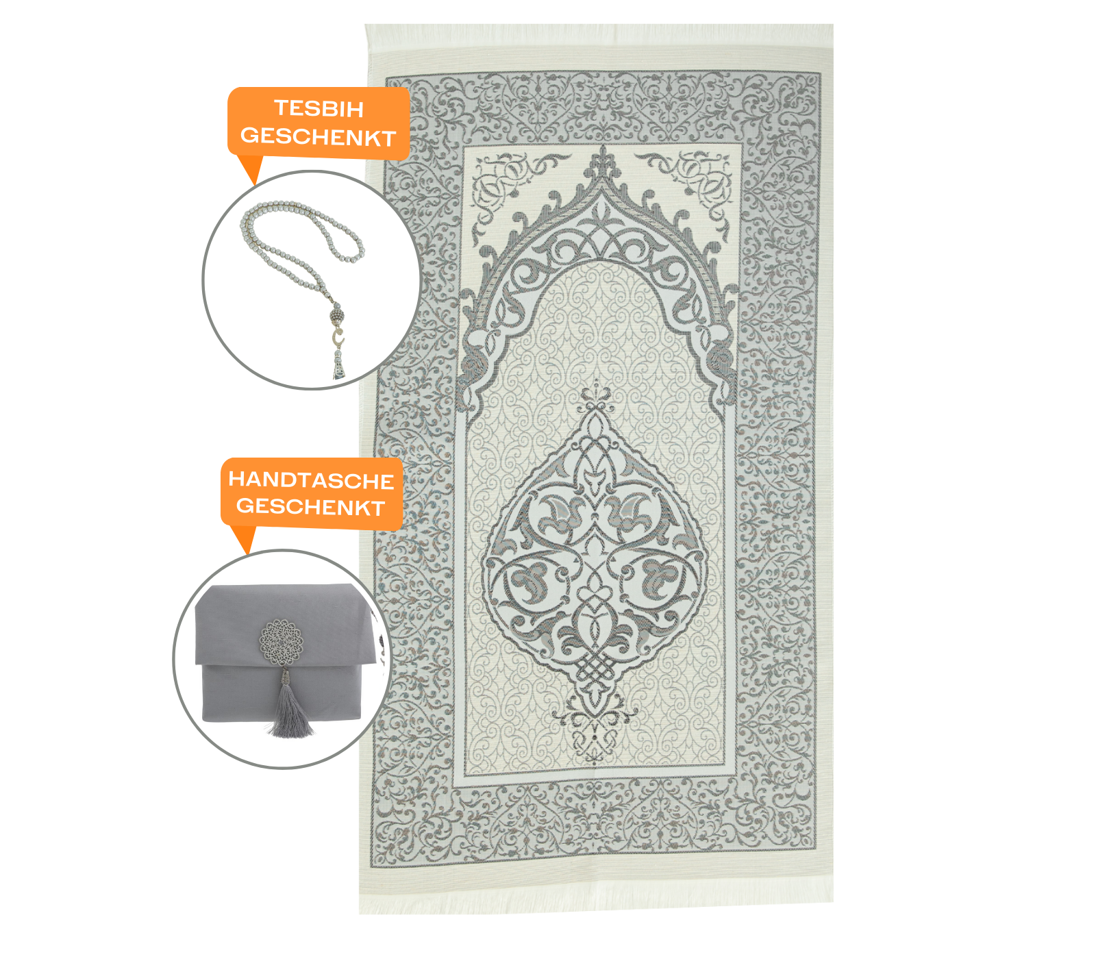 Muslim Prayer Rug With Tasbih and Portable Bag - Grey