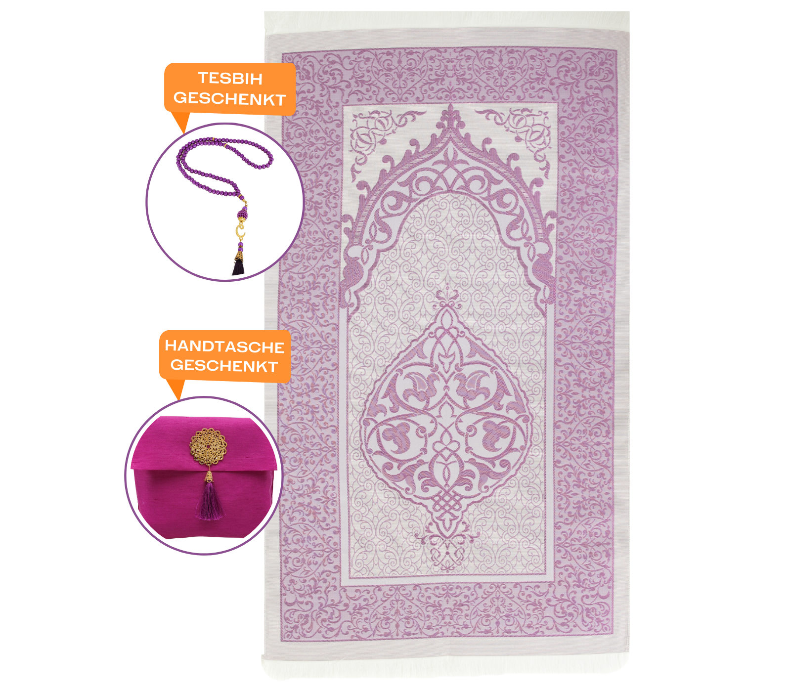 Muslim Prayer Rug With Tasbih and Portable Bag - Purple