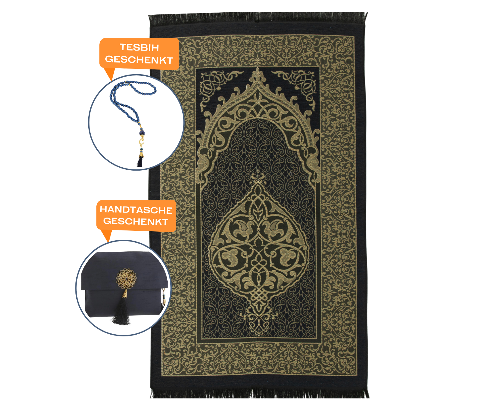 Muslim Prayer Rug With Tasbih and Portable Bag - Navy Blue