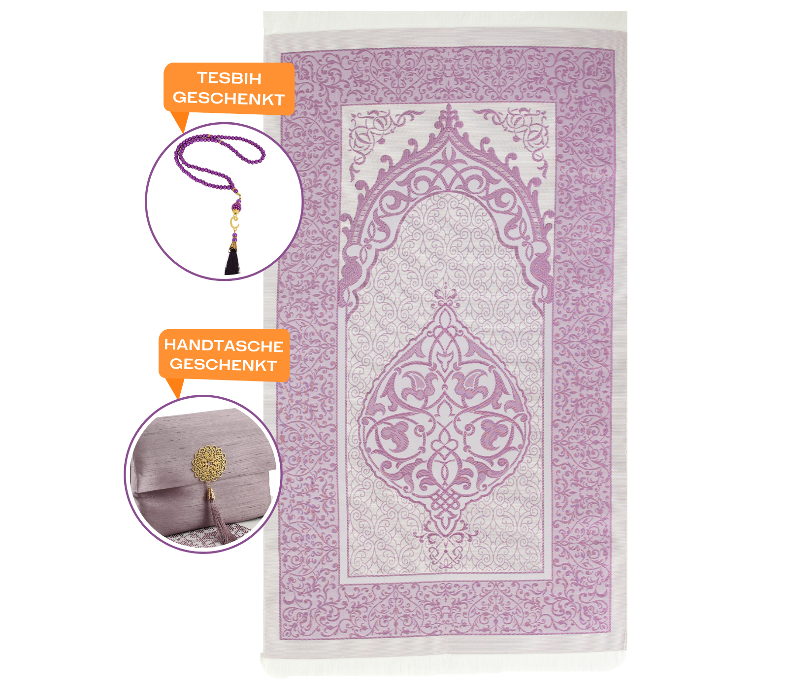 Muslim Prayer Rug With Tasbih and Portable Bag - Lila