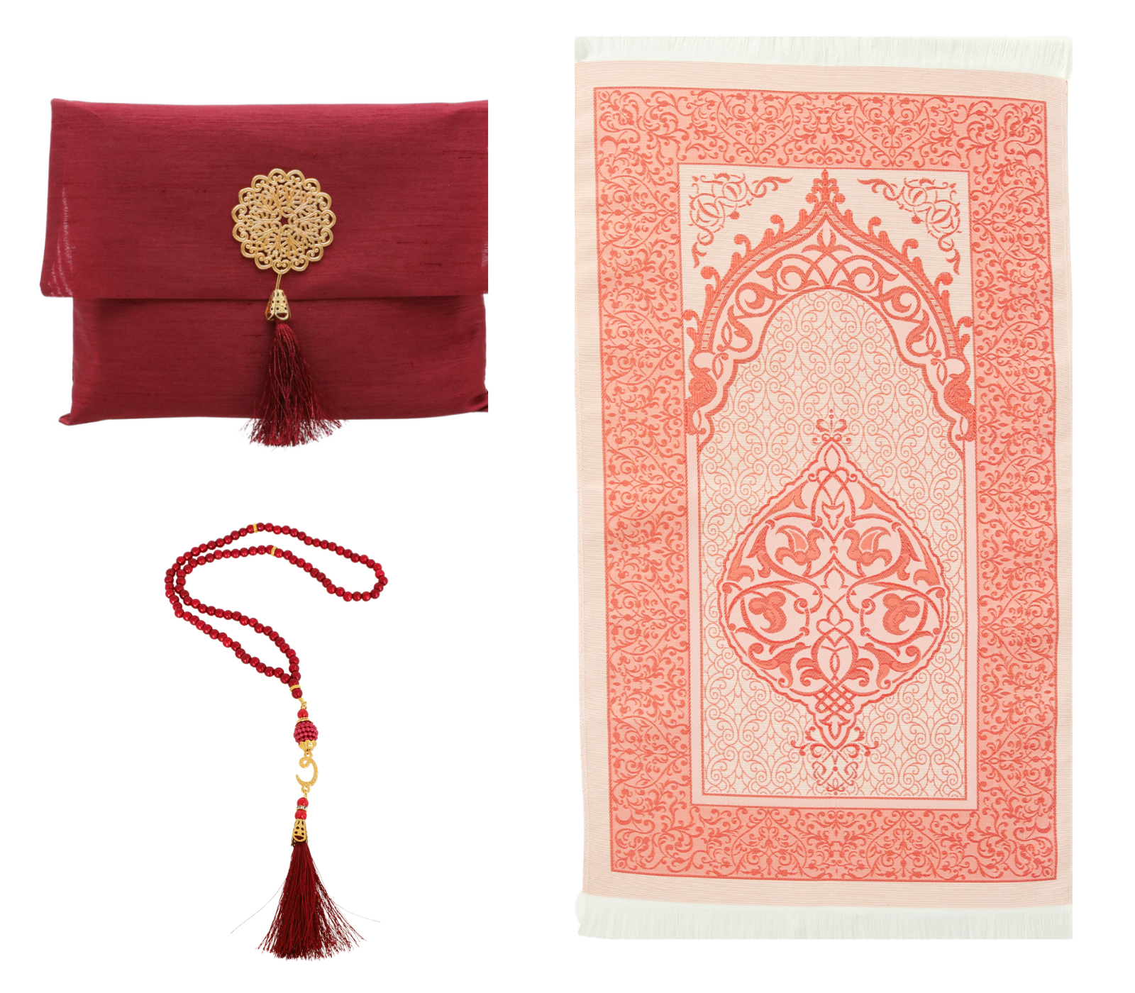 Muslim Prayer Rug With Tasbih and Portable Bag - Red